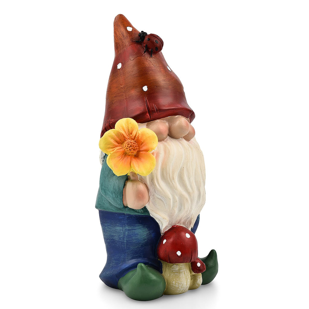 Garden Gnome with Flower (Size 14x11x26 cm) - Red
