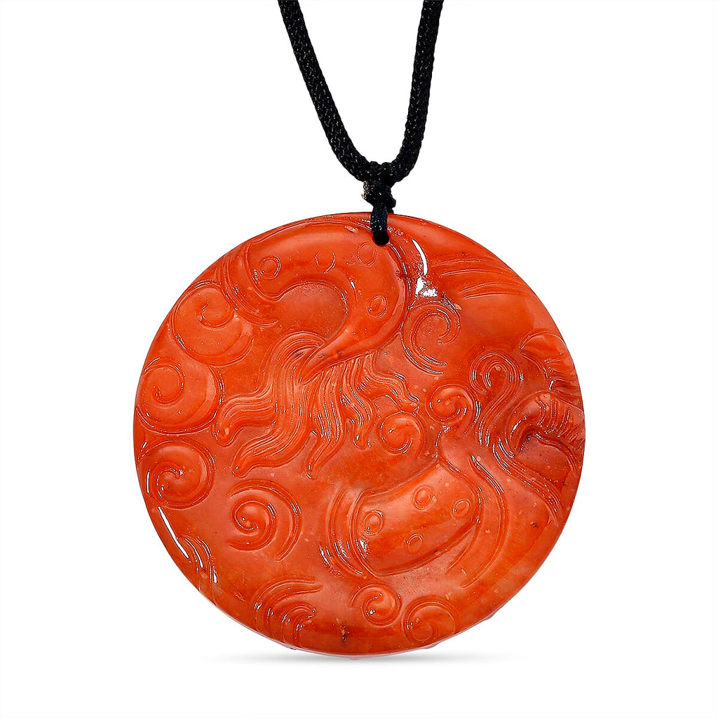 Enhanced Red Jade Carved Dragon Necklace with Cotton Thread (Size - 30 Adjustable) 250.00 Ct.