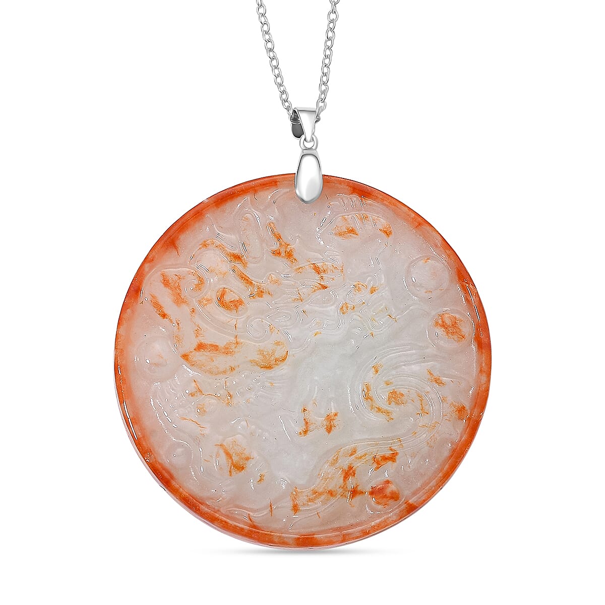 Dragon Carving Red Jade Pendant with Chain (Size 20) in Rhodium Overlay Sterling Silver 140.00 Ct. V32515220 0