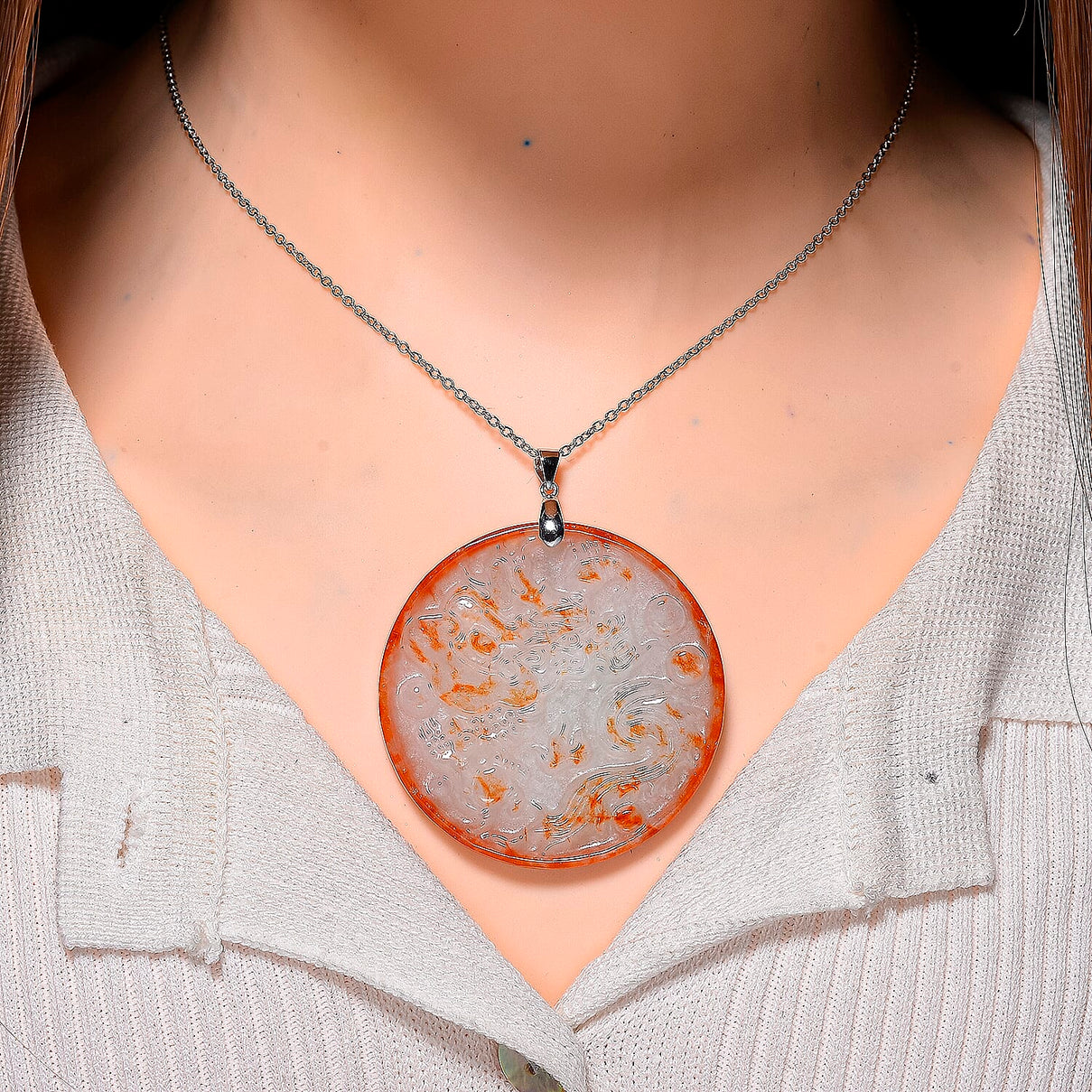 Dragon Carving Red Jade Pendant with Chain (Size 20) in Rhodium Overlay Sterling Silver 140.00 Ct. V32515220 2