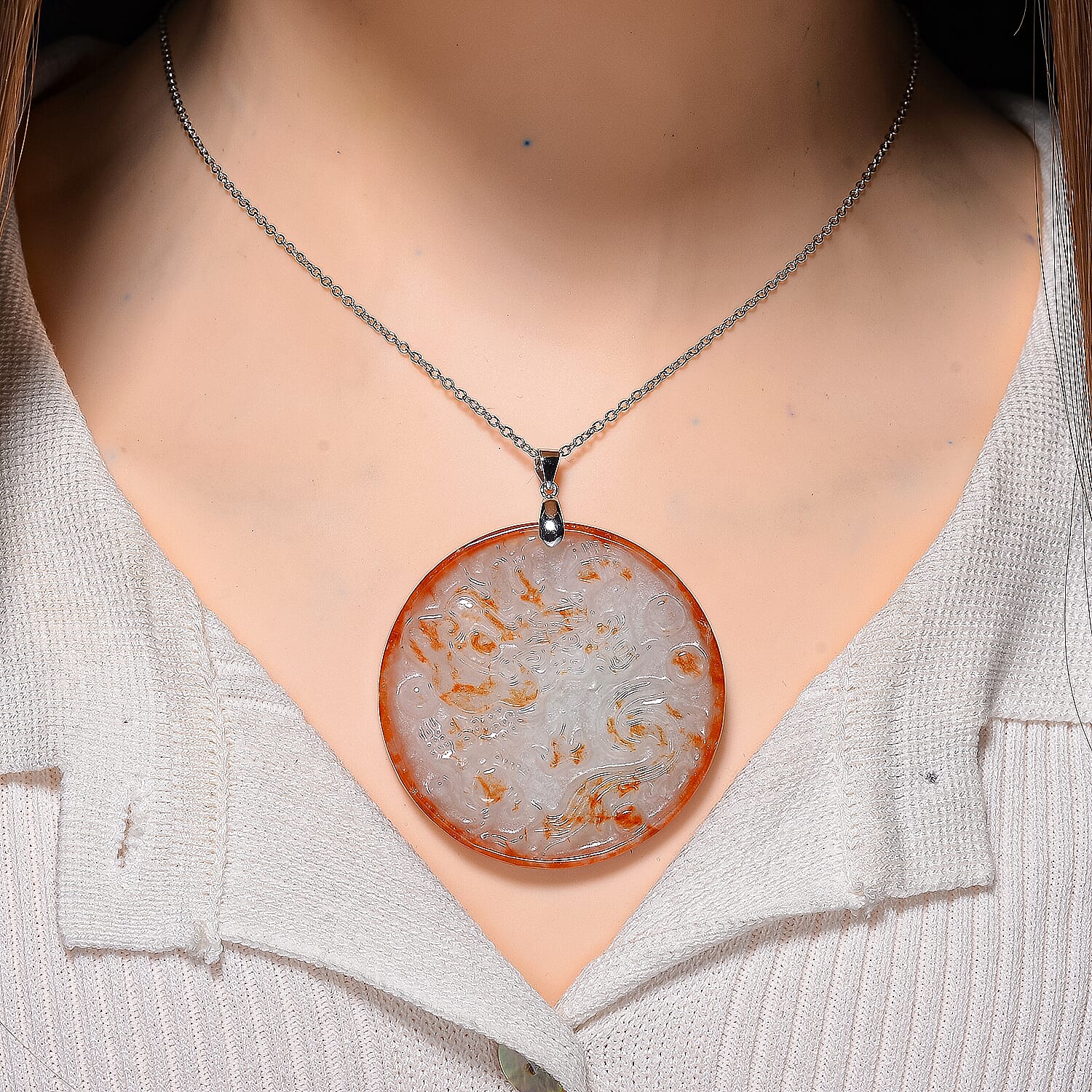 Dragon Carving Red Jade Pendant with Chain (Size 20) in Rhodium Overlay Sterling Silver 140.00 Ct. V32515220 2