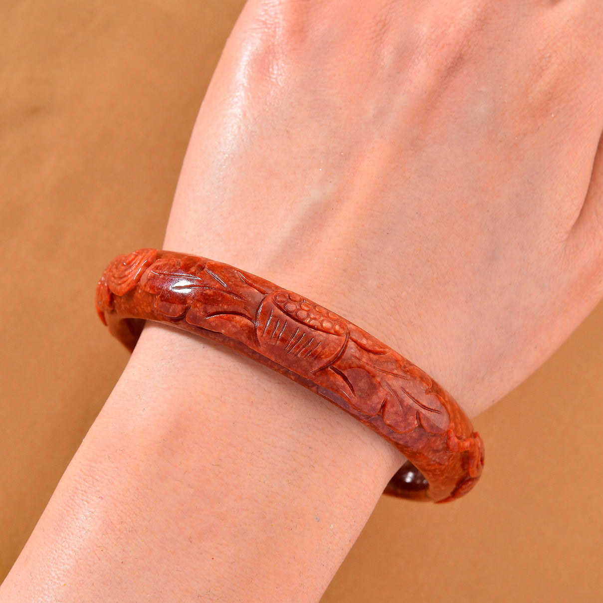 Koi Carved Burmese Red Jade Bangle (Size 7.5) 300.00 Ct. V32519650 6
