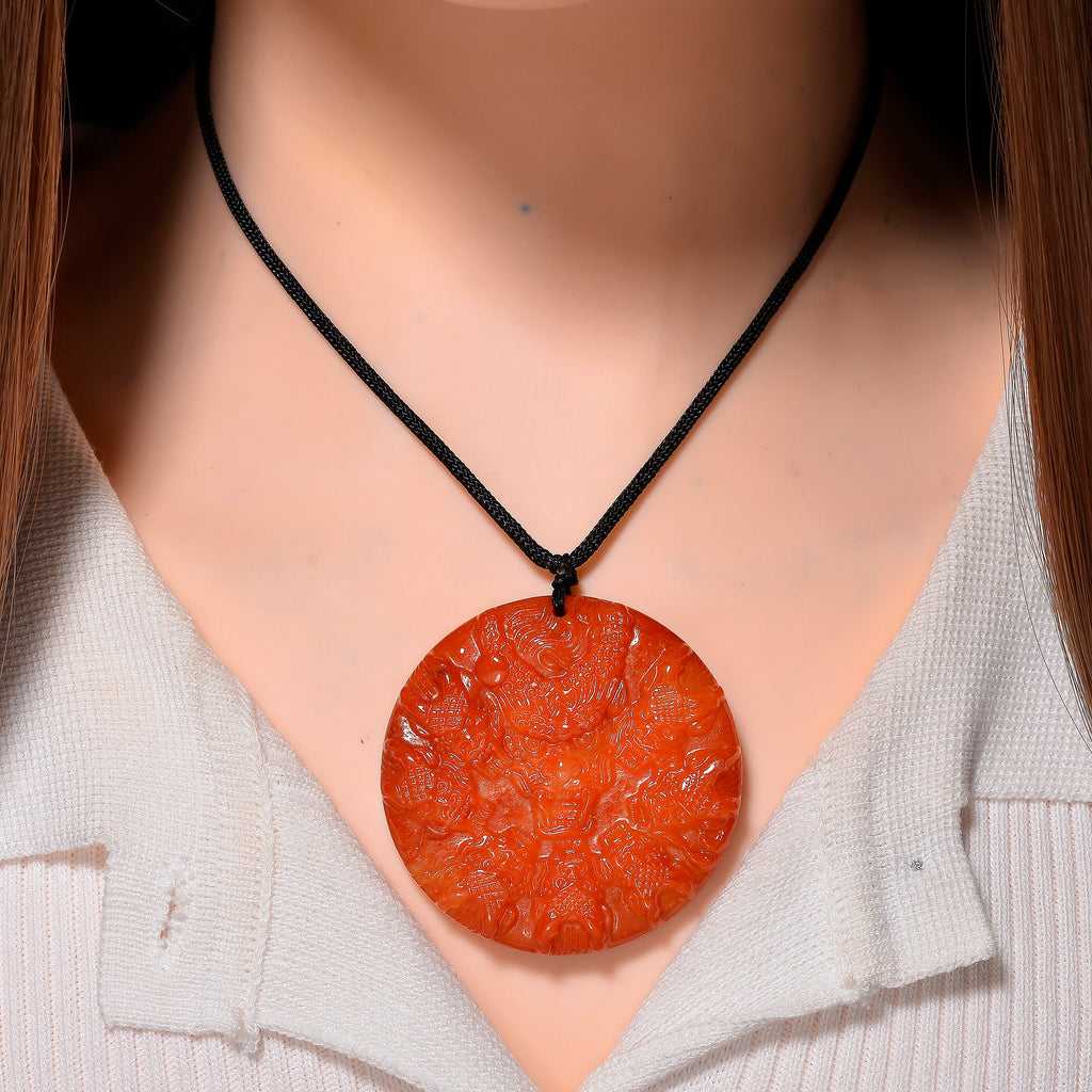 Enhanced Red Jade Carved Dragon Necklace with Cotton Thread (Size - 30 Adjustable) 250.00 Ct.