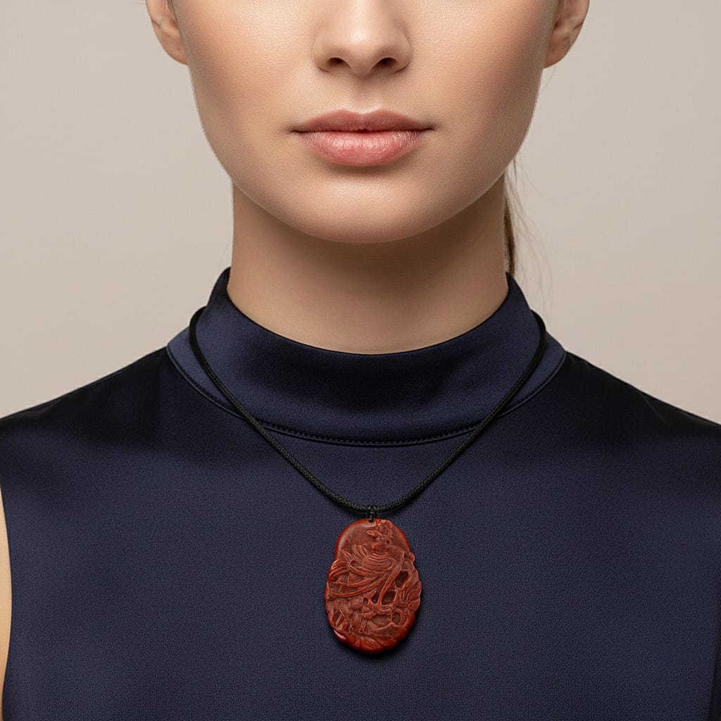 Enhanced Red Jade Carved Phoenix Necklace with Cotton Thread (Size - 28 Adjustable) 100.00 Ct. 8426413 2