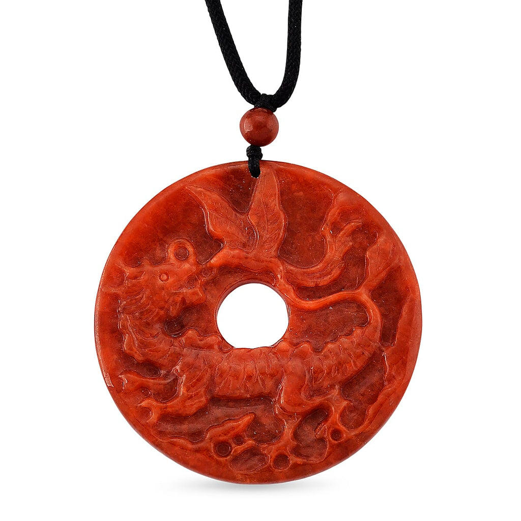 Enhanced Red Jade Carved Dragon & Phoenix Necklace with Cotton Thread (Size - 28 Adjustable) 130.00 Ct.