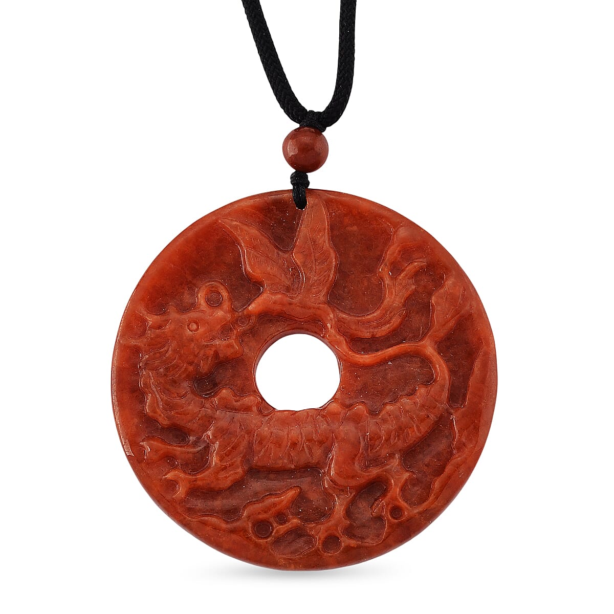 Enhanced Red Jade Carved Dragon &amp; Phoenix Necklace with Cotton Thread (Size - 28 Adjustable) 130.00 Ct. 8433499 0