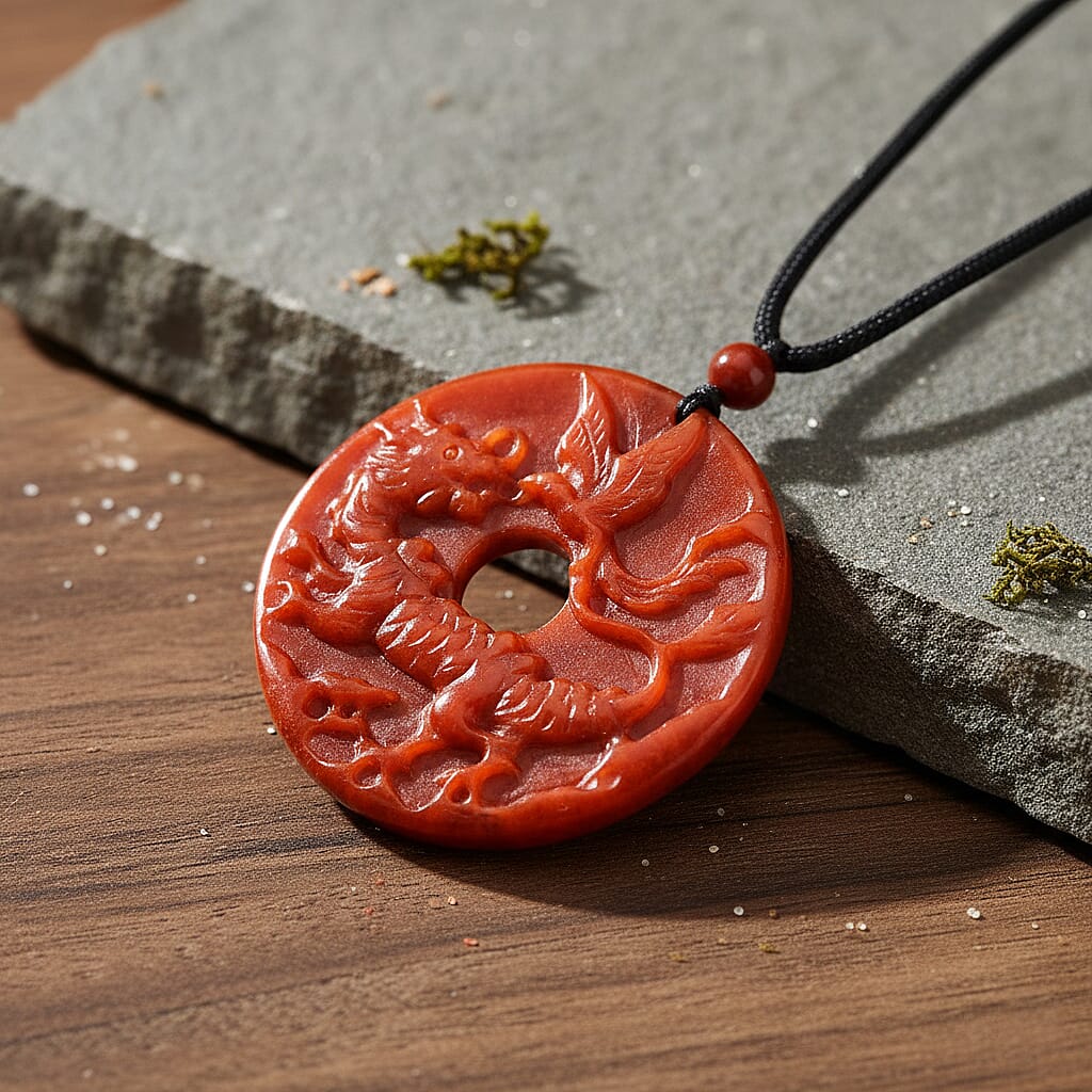 Enhanced Red Jade Carved Dragon &amp; Phoenix Necklace with Cotton Thread (Size - 28 Adjustable) 130.00 Ct. 8433499 2