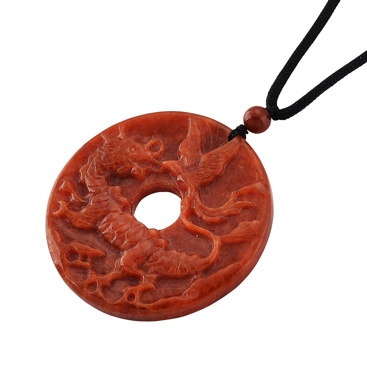 Enhanced Red Jade Carved Dragon &amp; Phoenix Necklace with Cotton Thread (Size - 28 Adjustable) 130.00 Ct. 8433499 4