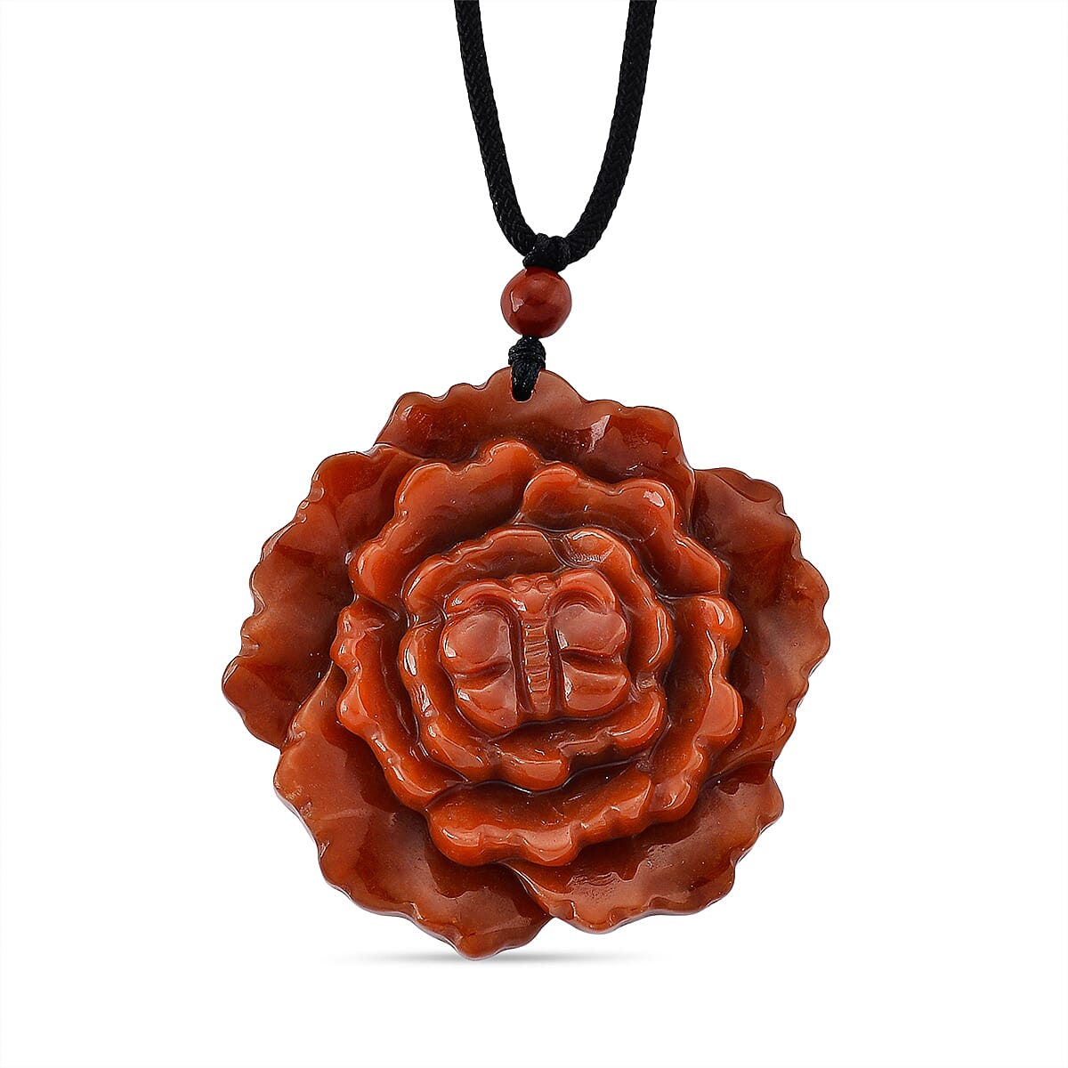 Enhanced Red Jade Carved Peony &amp; Butterfly Necklace with Cotton Thread (Size - 28 Adjustable) 165.00 Ct. 8433500 0