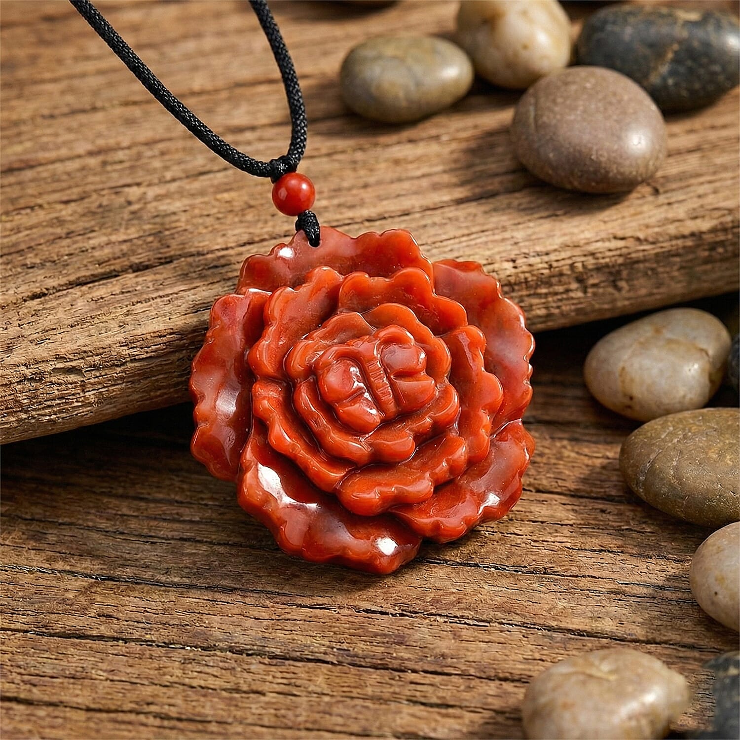 Enhanced Red Jade Carved Peony &amp; Butterfly Necklace with Cotton Thread (Size - 28 Adjustable) 165.00 Ct. 8433500 2