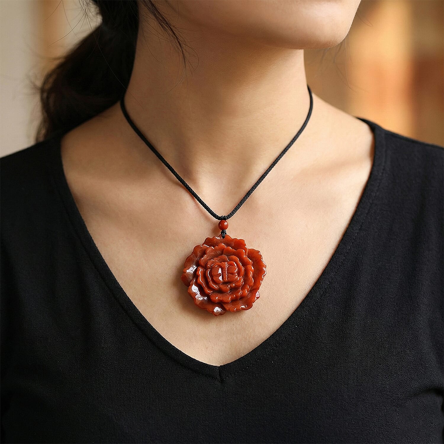 Enhanced Red Jade Carved Peony &amp; Butterfly Necklace with Cotton Thread (Size - 28 Adjustable) 165.00 Ct. 8433500 3
