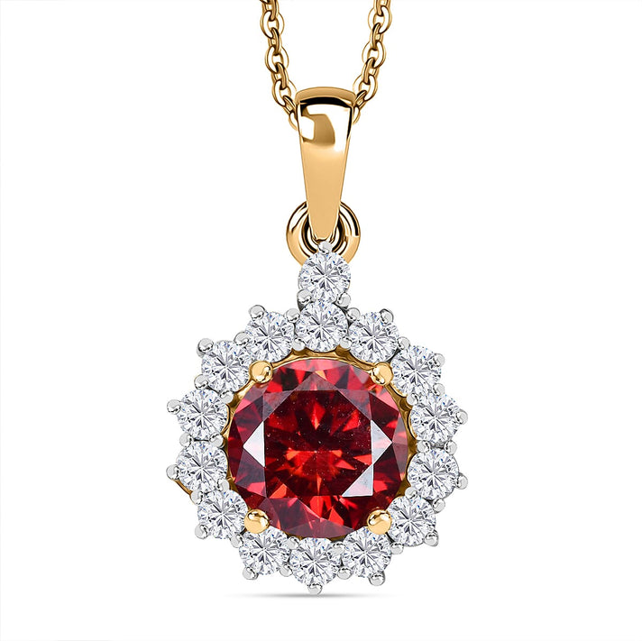 DEAL OF THE DAY - Premium Red Moissanite Solitaire and White Moissanite Pendant with Chain (Size 20) in 18K Vermeil Yellow Gold Plated Sterling Silver 2.21 Ct. 4368411 1