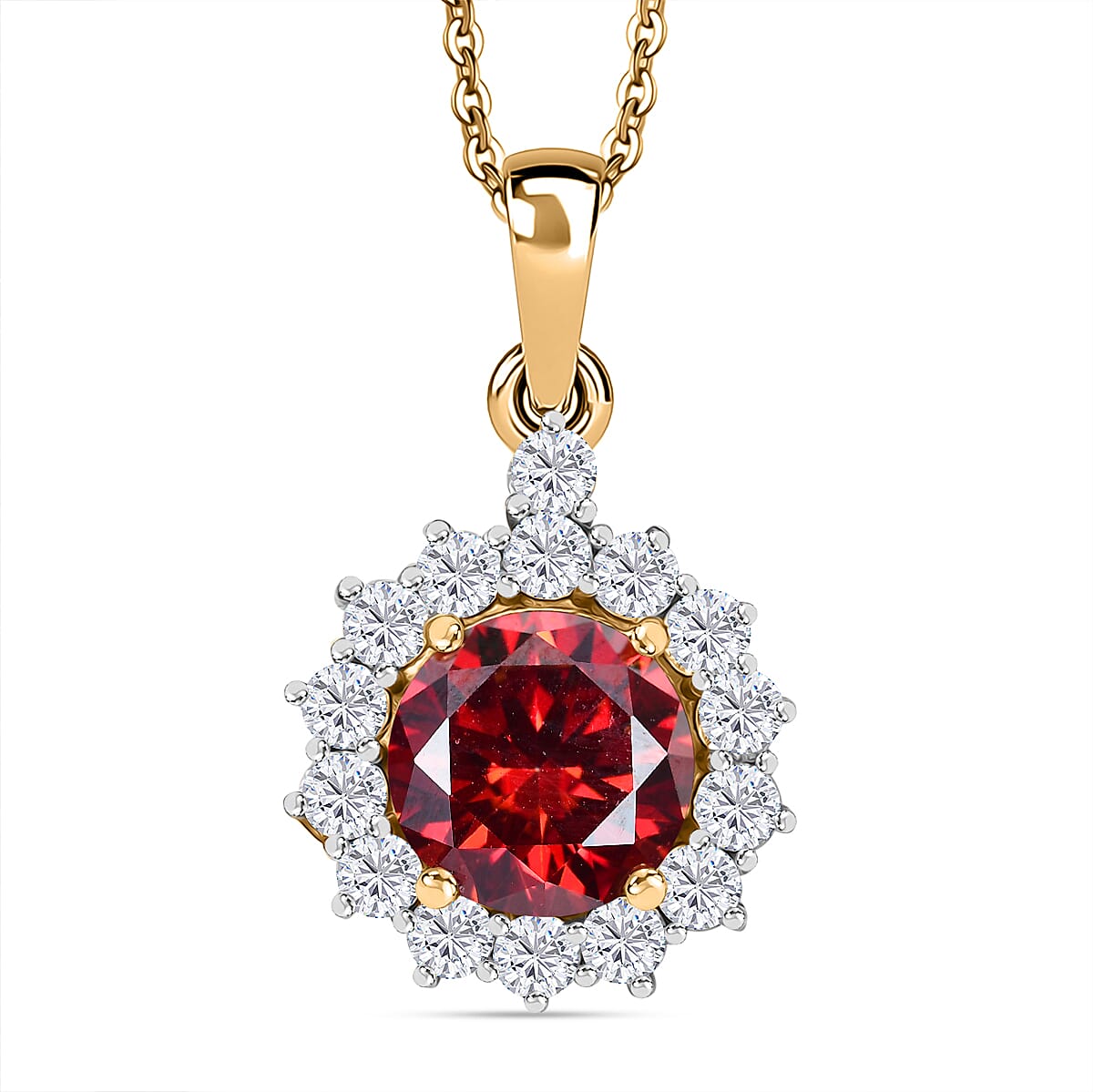 DEAL OF THE DAY - Premium Red Moissanite Solitaire and White Moissanite Pendant with Chain (Size 20) in 18K Vermeil Yellow Gold Plated Sterling Silver 2.21 Ct. 4368411 2