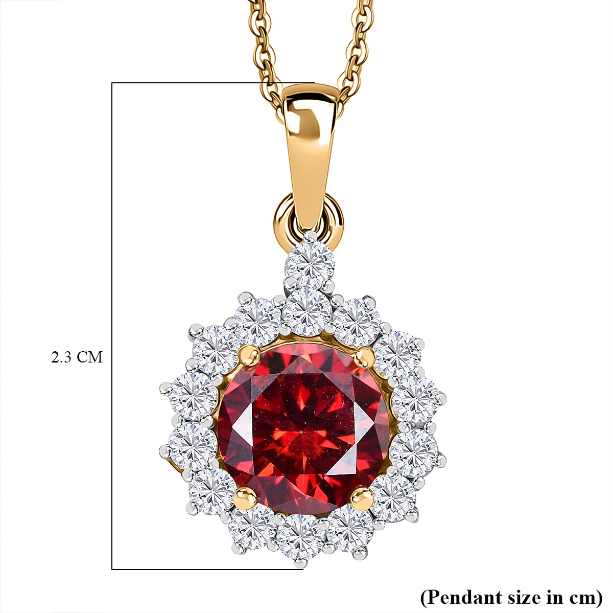 DEAL OF THE DAY - Premium Red Moissanite Solitaire and White Moissanite Pendant with Chain (Size 20) in 18K Vermeil Yellow Gold Plated Sterling Silver 2.21 Ct. 4368411 12