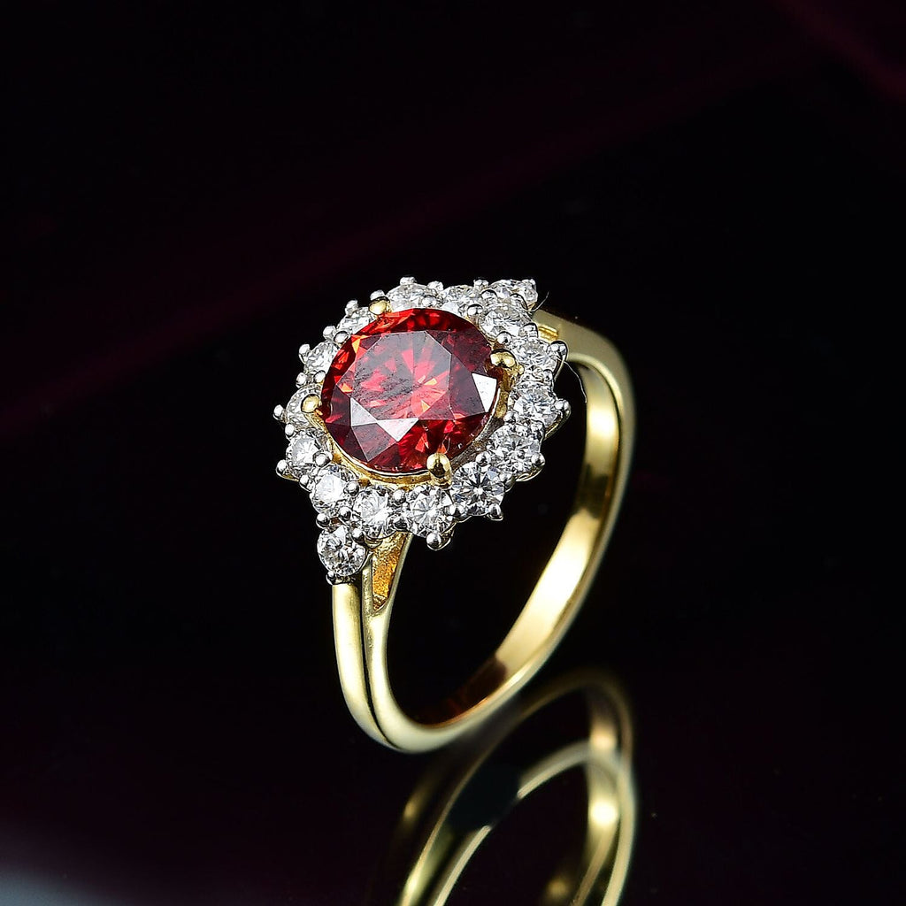 Premium Red Moissanite Solitaire and White Moissanite Ring in 18K Vermeil Yellow Gold Plated Sterling Silver 2.24 Ct.