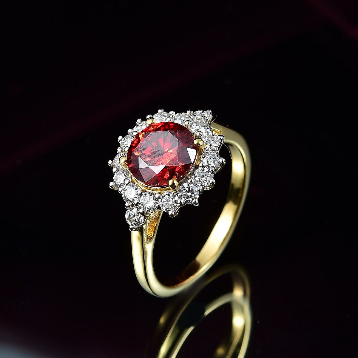 Red Moissanite, Moissanite Halo Ring in 18K Vermeil Yellow Gold Plated Sterling Silver V32702204 2