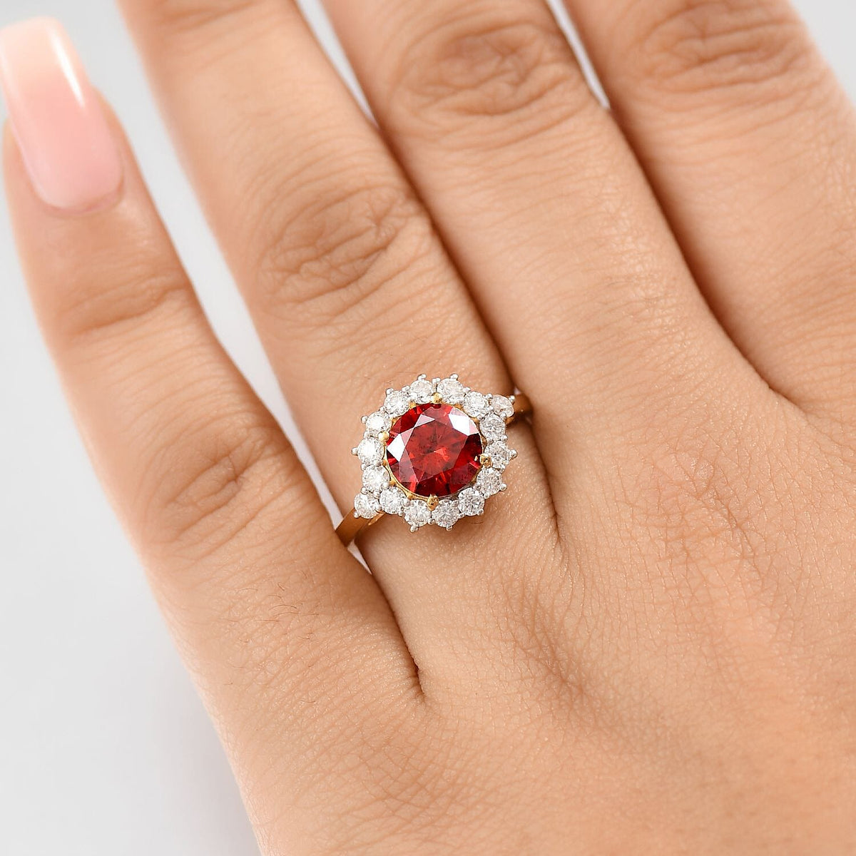 Red Moissanite, Moissanite Halo Ring in 18K Vermeil Yellow Gold Plated Sterling Silver V32702204 3