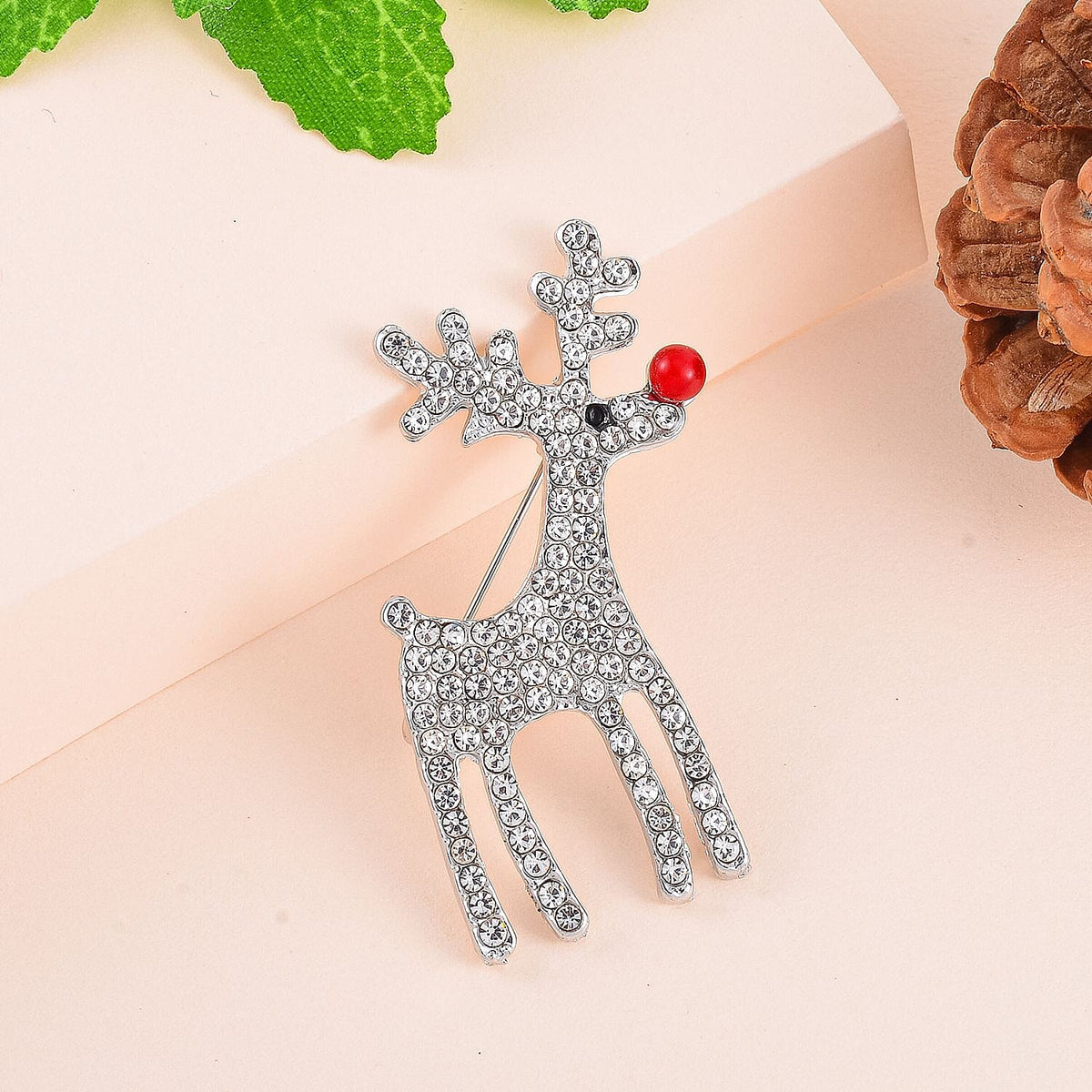 Red Resin and White Crystal Reindeer Brooch V32699177 2
