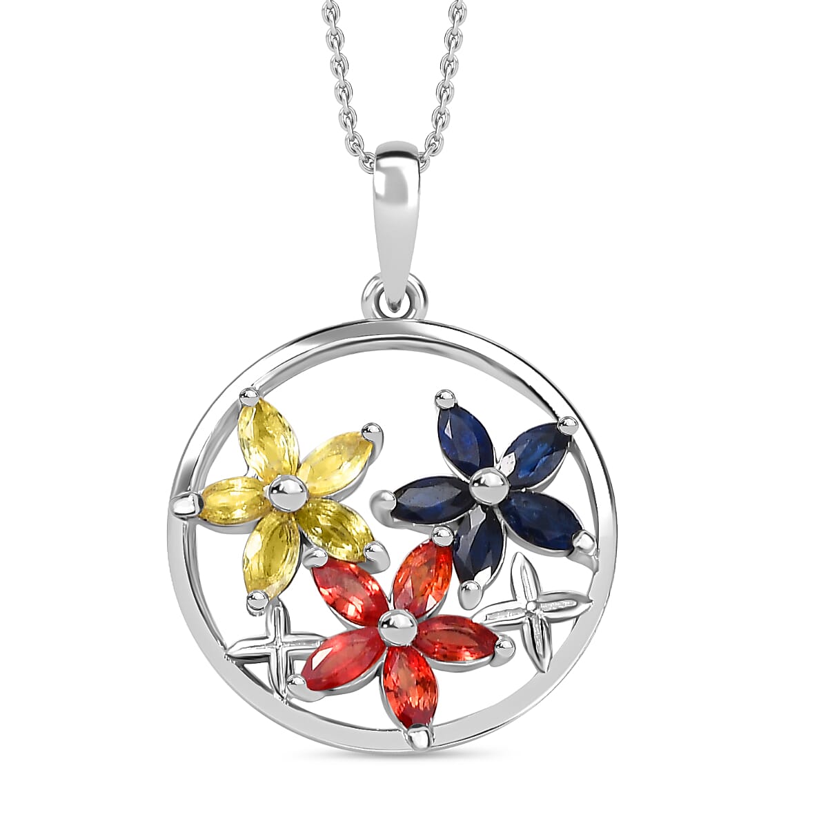 Red Sapphire, Yellow Sapphire, Blue Sapphire Floral Pendant with Chain (Size 20) in Rhodium Overlay Sterling Silver 4285733 0