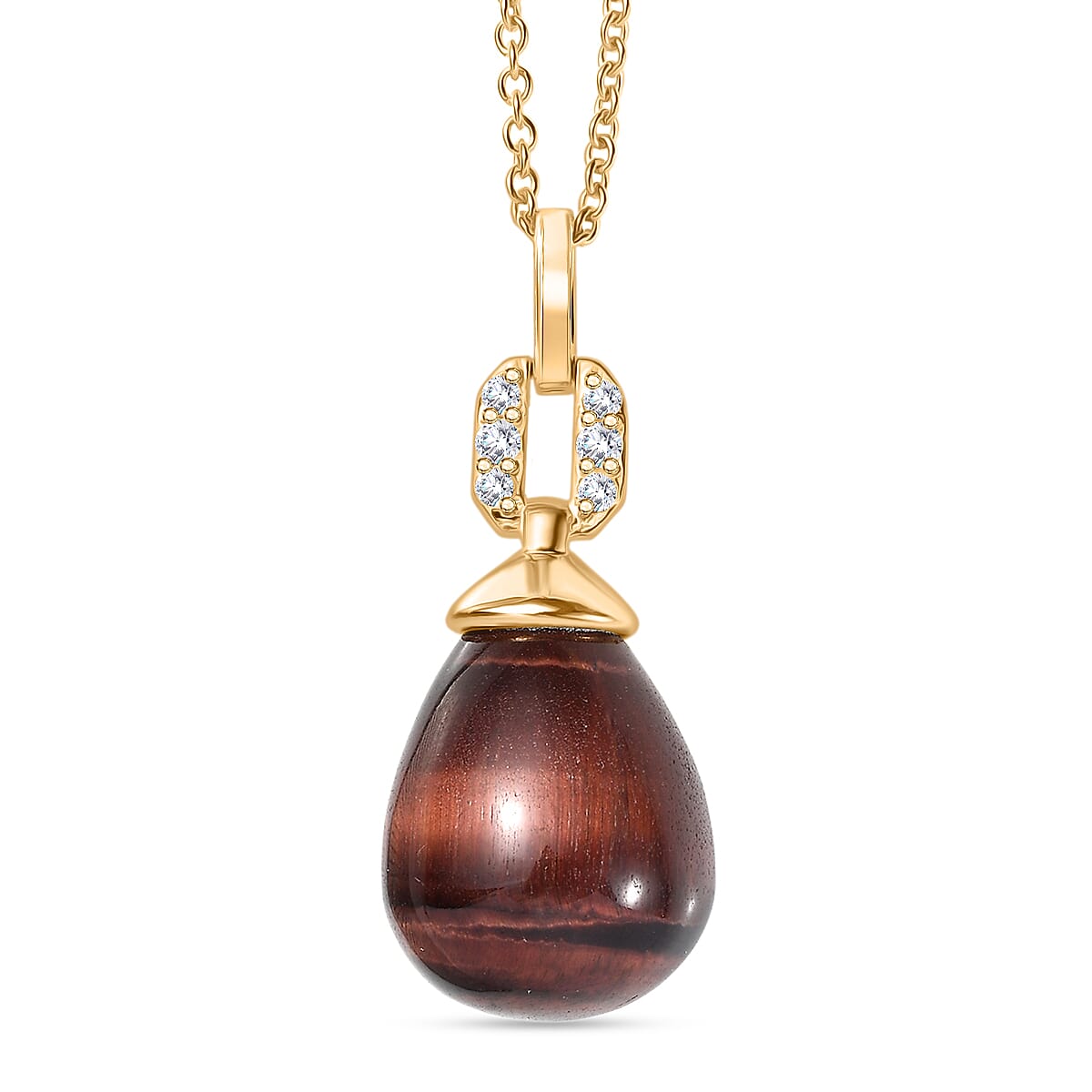 EverTrue Red Tiger Eye &amp; White Zircon Pendant with Chain (Size 20) in Yellow Gold Plated 29.31 Ct. 4419113 0