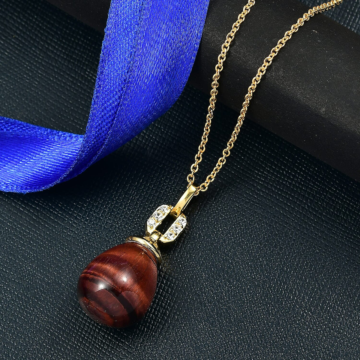 EverTrue Red Tiger Eye &amp; White Zircon Pendant with Chain (Size 20) in Yellow Gold Plated 29.31 Ct. 4419113 2