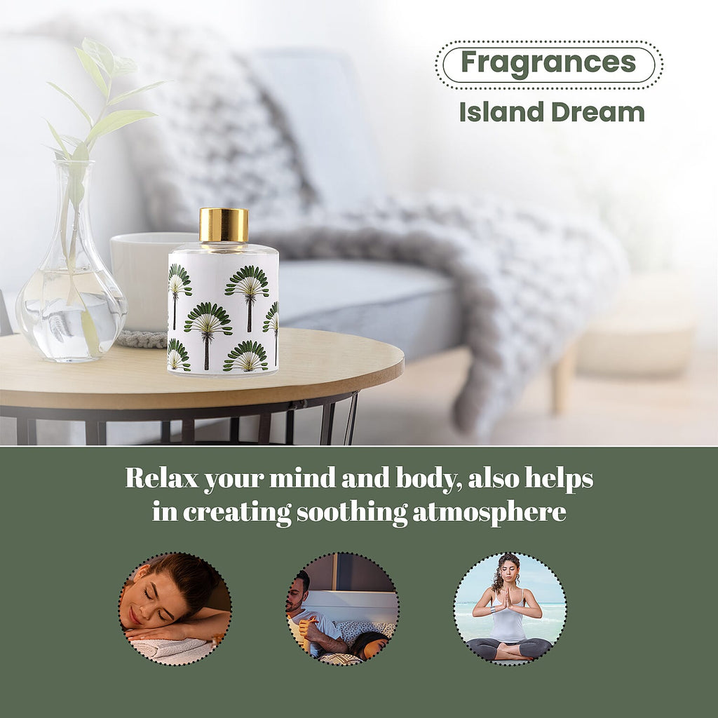 Reed Diffuser in Enamelled Glass Bottle with Gold Cap (Size 24x6x6 cm) - 150ml - Island Dream