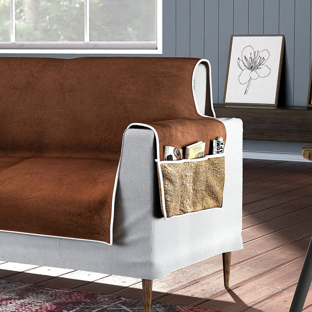 Refresh Your Sofa Reversible Suede-Sherpa Sofa Cover with 6 Pockets 3 Seater (Size 323x213 Cm) - Brown &amp; Light Brown 7133420 2