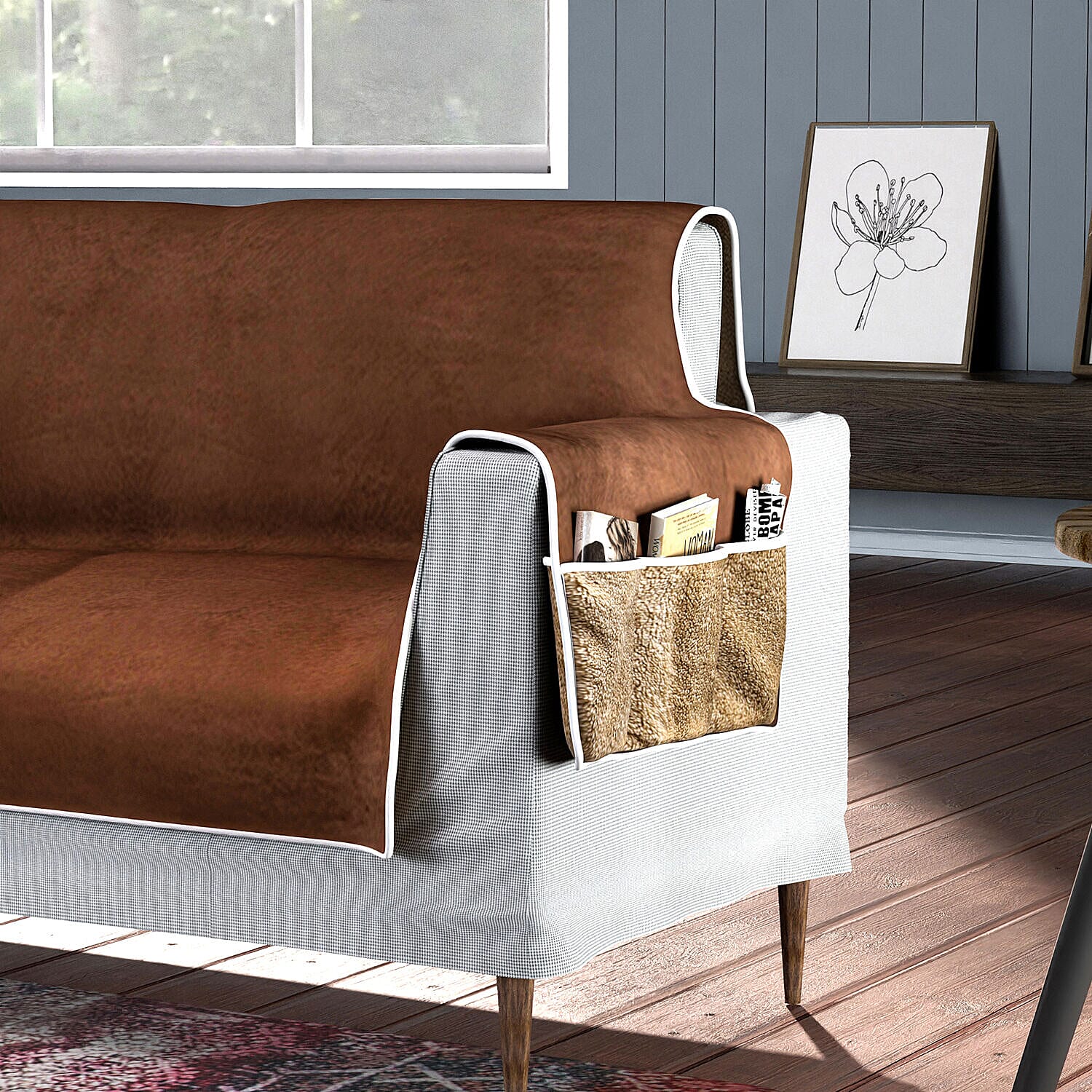 Refresh Your Sofa Reversible Suede-Sherpa Sofa Cover with 6 Pockets 3 Seater (Size 323x213 Cm) - Brown &amp; Light Brown 7133420 2