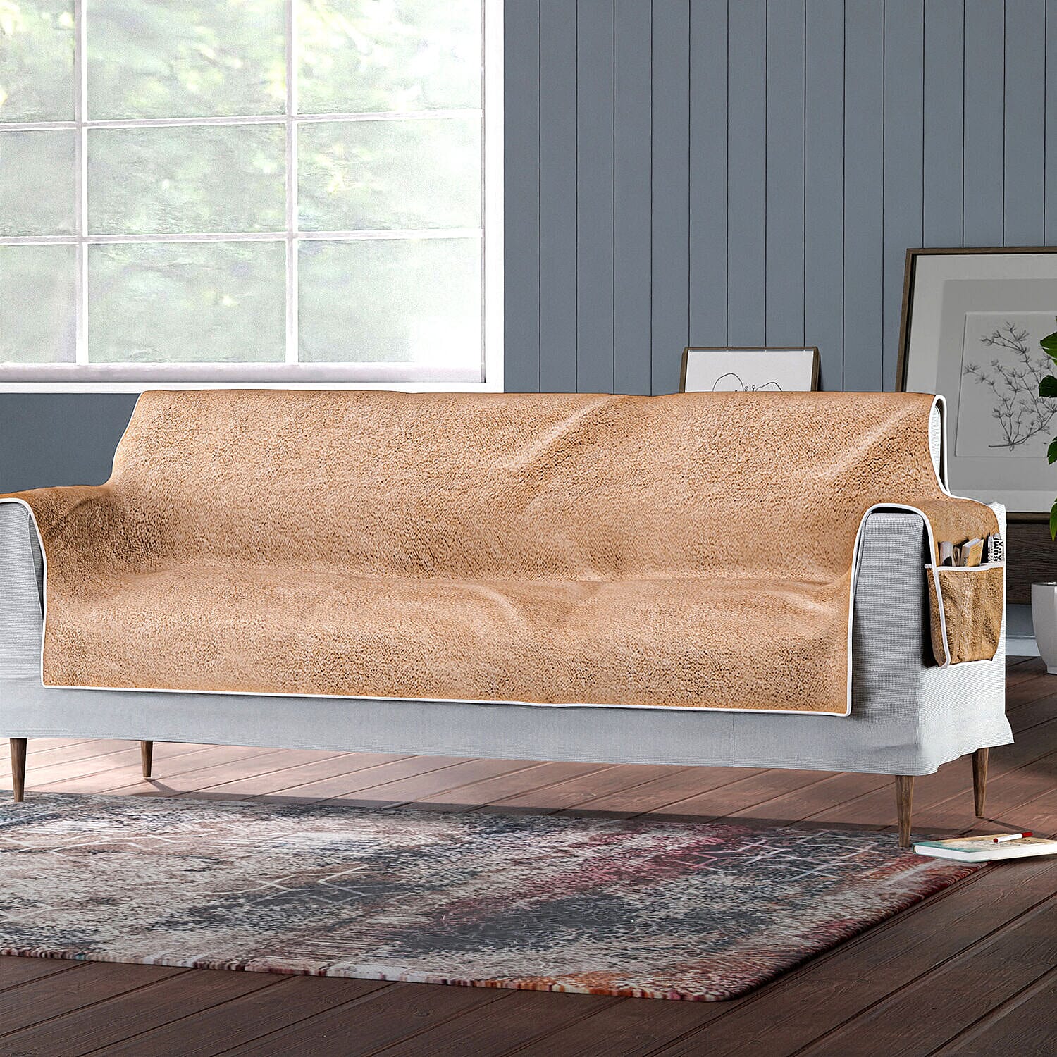 Refresh Your Sofa Reversible Suede-Sherpa Sofa Cover with 6 Pockets 3 Seater (Size 323x213 Cm) - Brown &amp; Light Brown 7133420 3