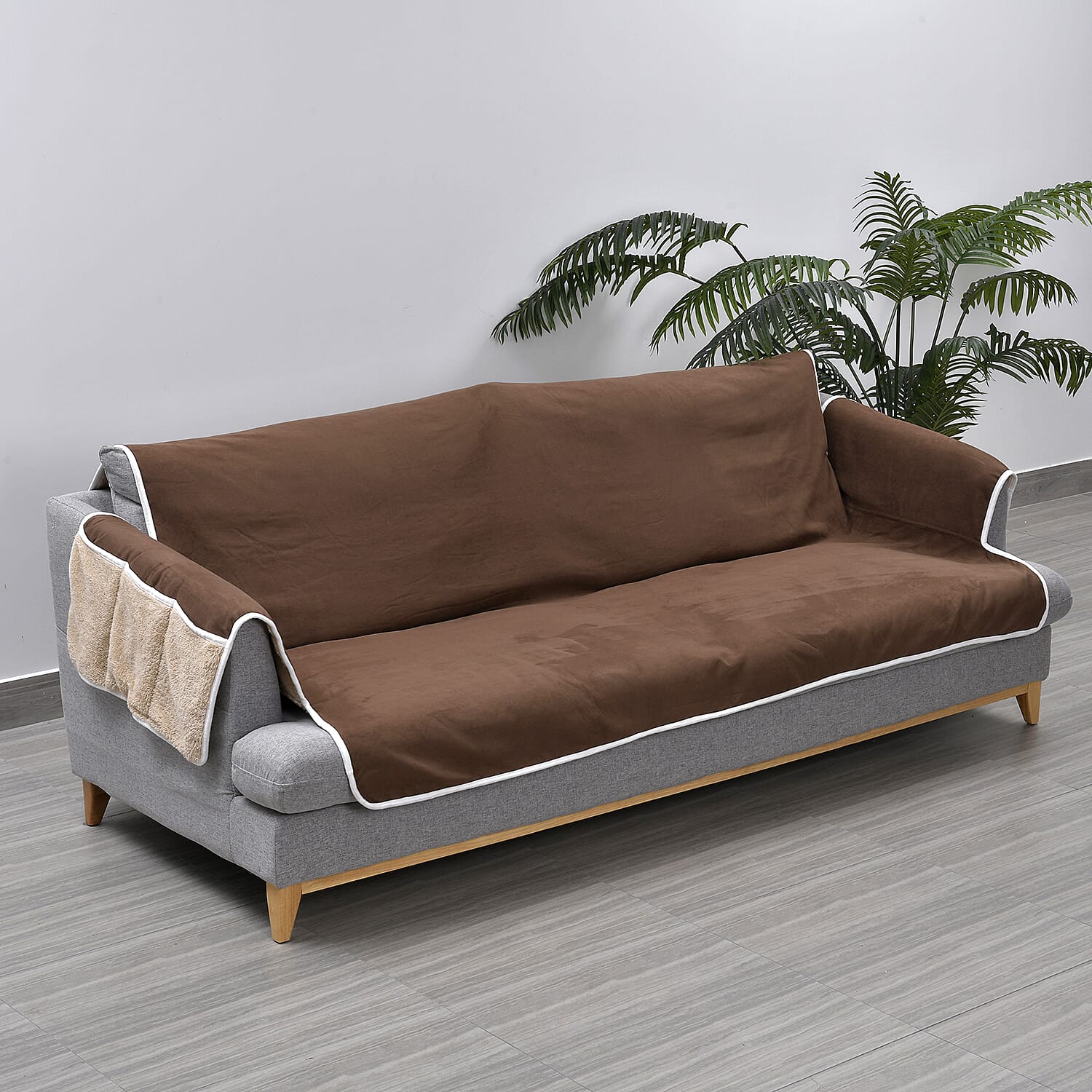 Refresh Your Sofa Reversible Suede-Sherpa Sofa Cover with 6 Pockets 3 Seater (Size 323x213 Cm) - Brown &amp; Light Brown 7133420 6