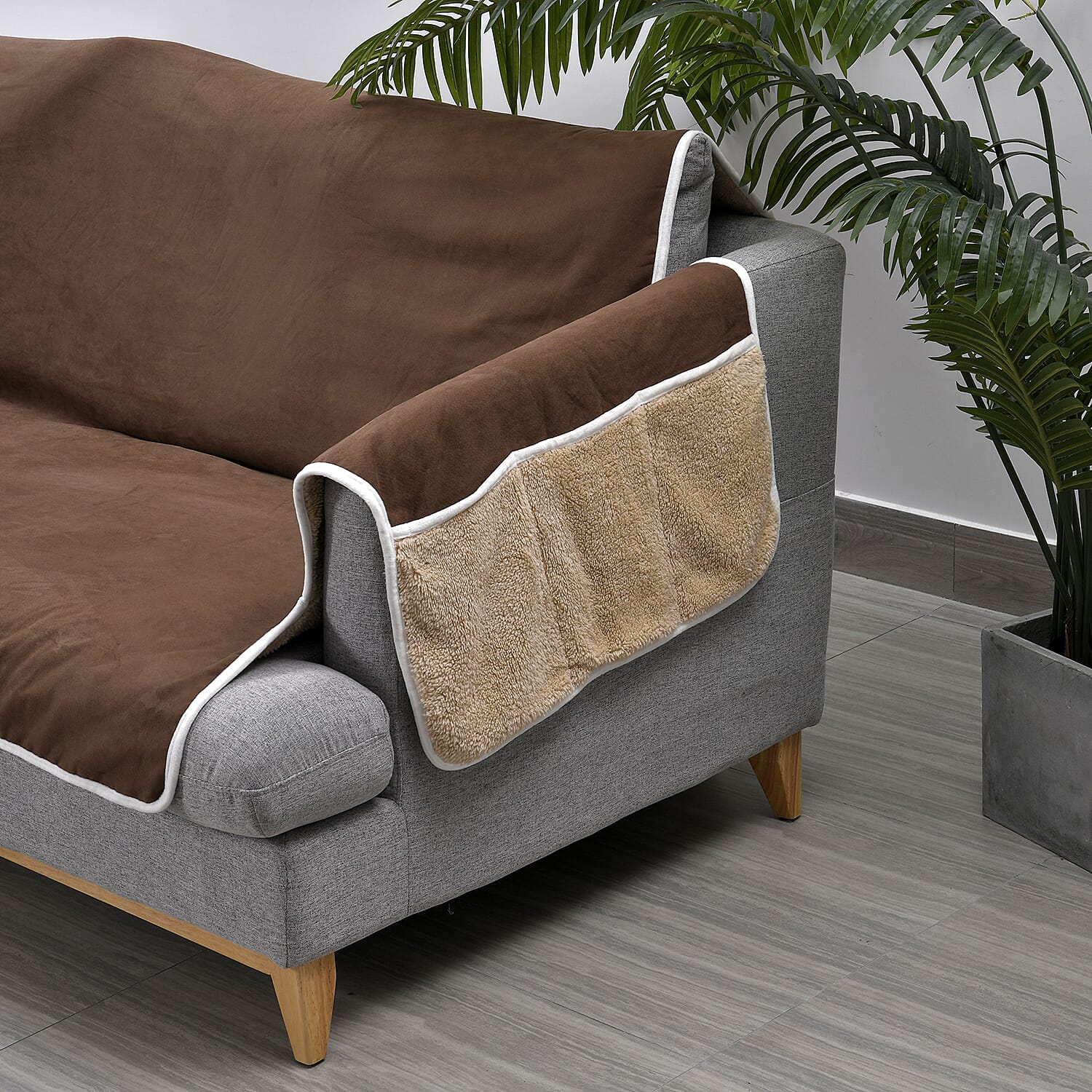 Refresh Your Sofa Reversible Suede-Sherpa Sofa Cover with 6 Pockets 3 Seater (Size 323x213 Cm) - Brown &amp; Light Brown 7133420 7