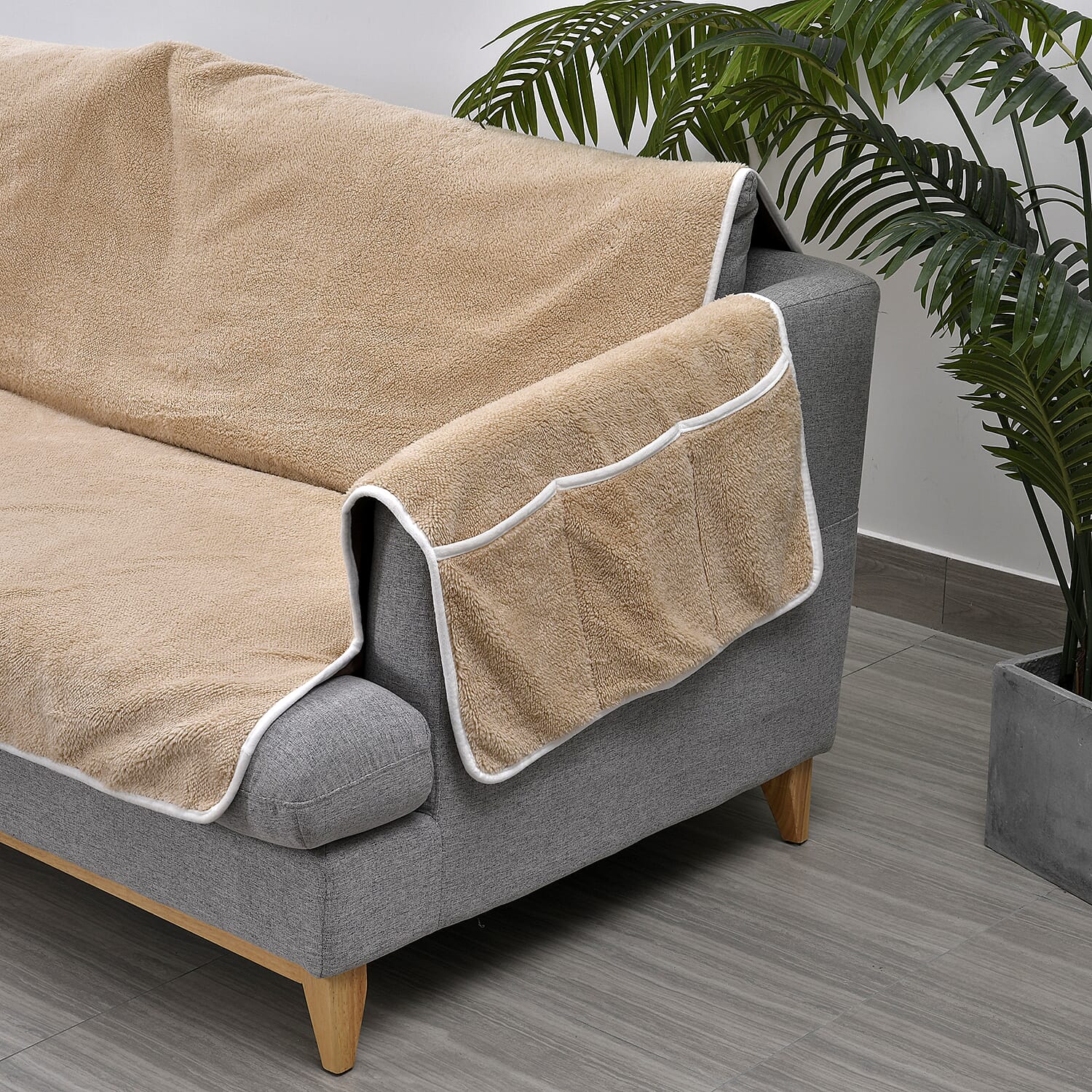 Refresh Your Sofa Reversible Suede-Sherpa Sofa Cover with 6 Pockets 3 Seater (Size 323x213 Cm) - Brown &amp; Light Brown 7133420 10