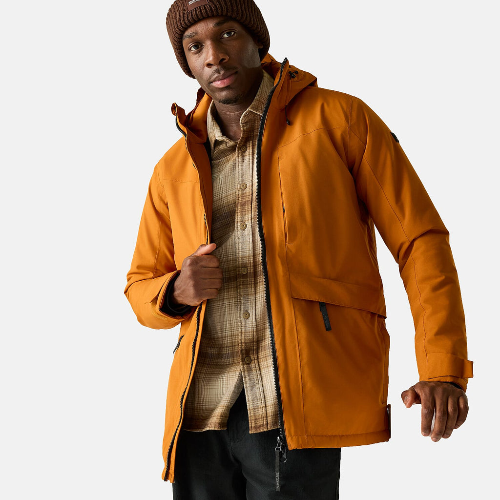 Regatta Mens Waterproof Thermoguard Insulated Jacket With High Collar Hood, Storm Cuffs - Adjustable Hem (Size L) - Orange