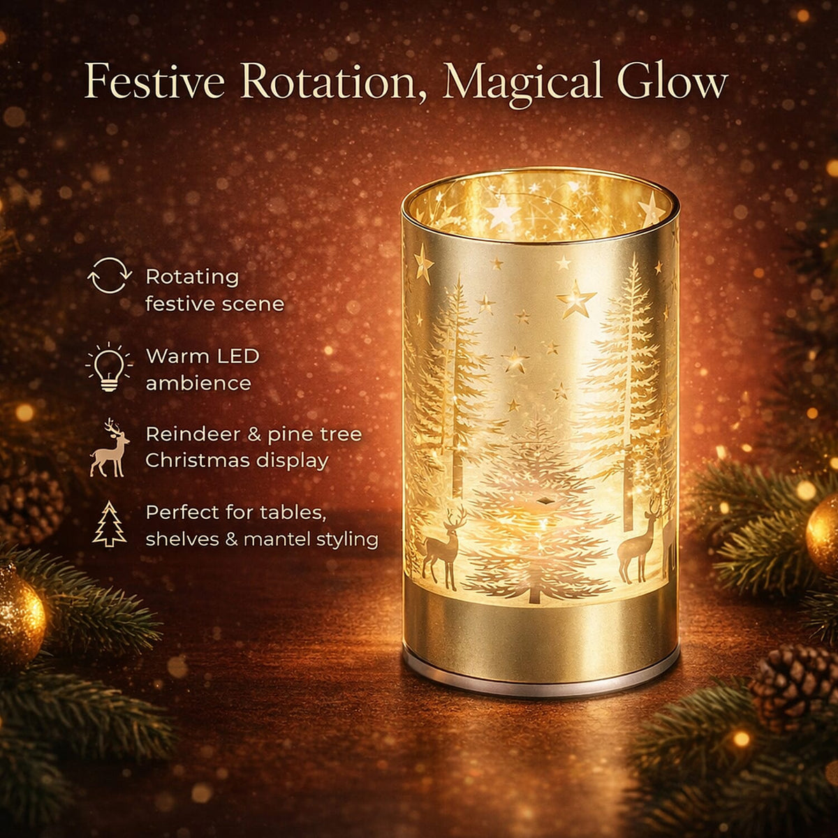 Reindeer &amp; Pine Tree Scene Rotating LED Christmas Light Table Lamp - Gold 8216521 2