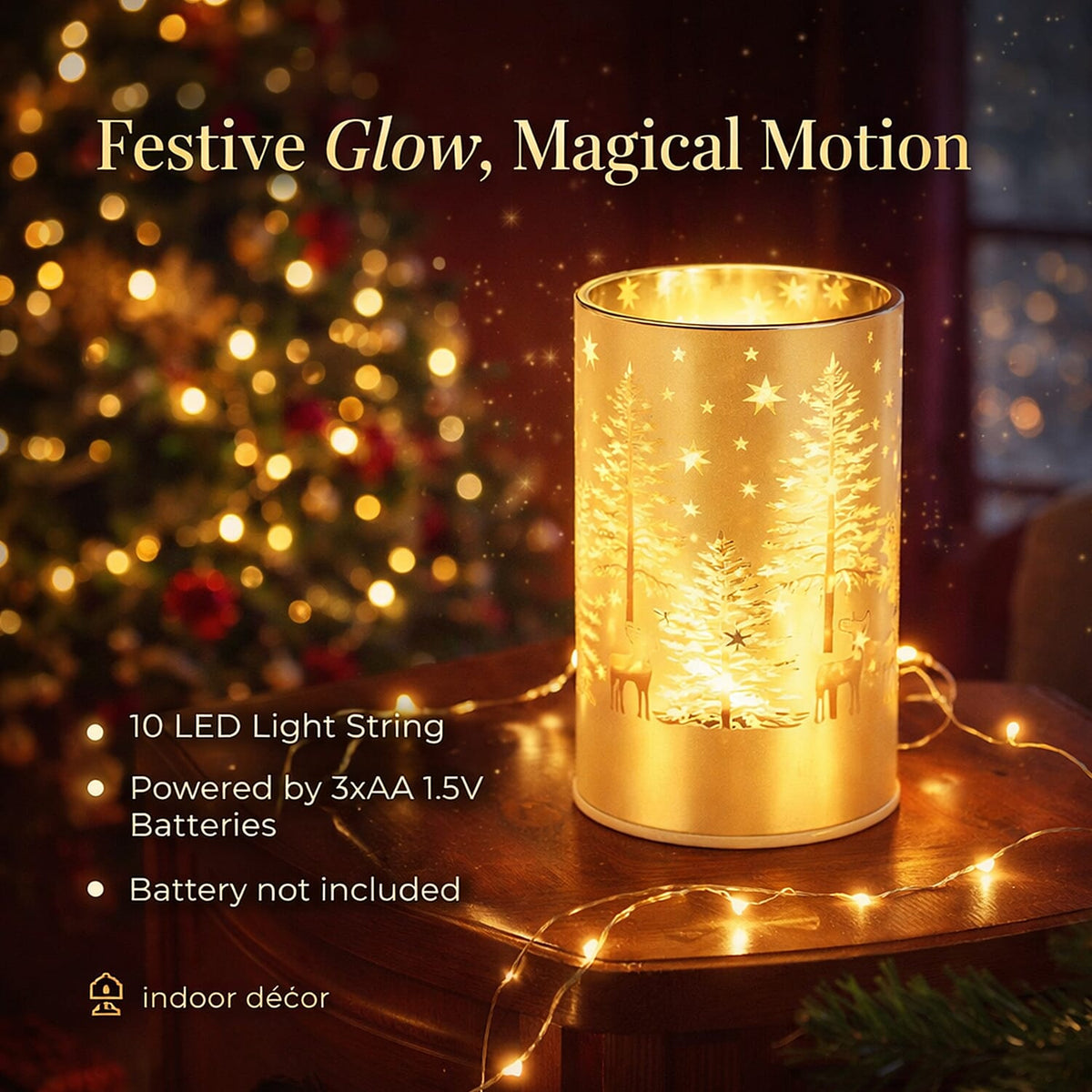 Reindeer &amp; Pine Tree Scene Rotating LED Christmas Light Table Lamp - Gold 8216521 3