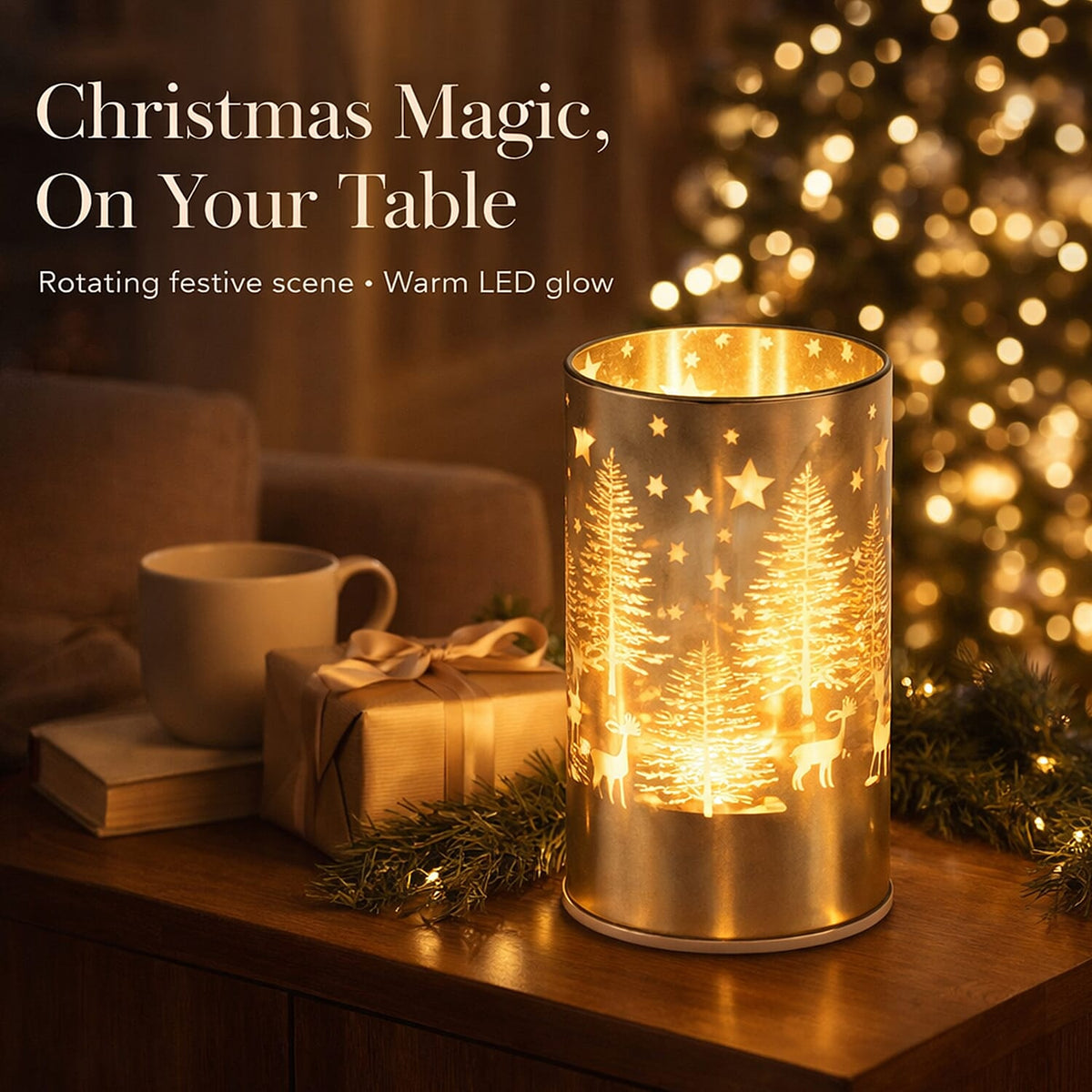 Reindeer &amp; Pine Tree Scene Rotating LED Christmas Light Table Lamp - Gold 8216521 4
