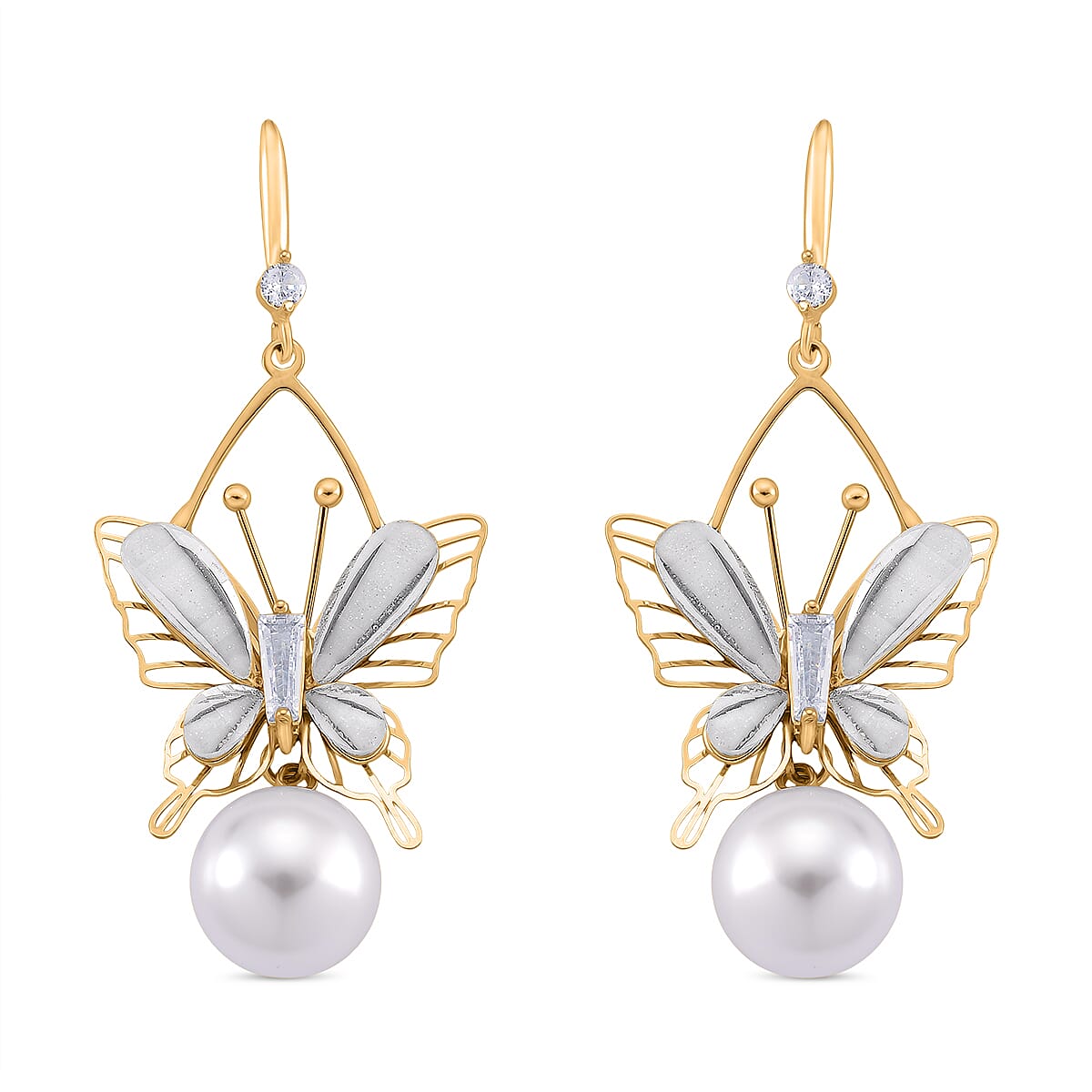 White Cubic Zirconia &amp; White Shell Pearl Dangling Earring with Hook in Yellow Gold Plated 8254459 0