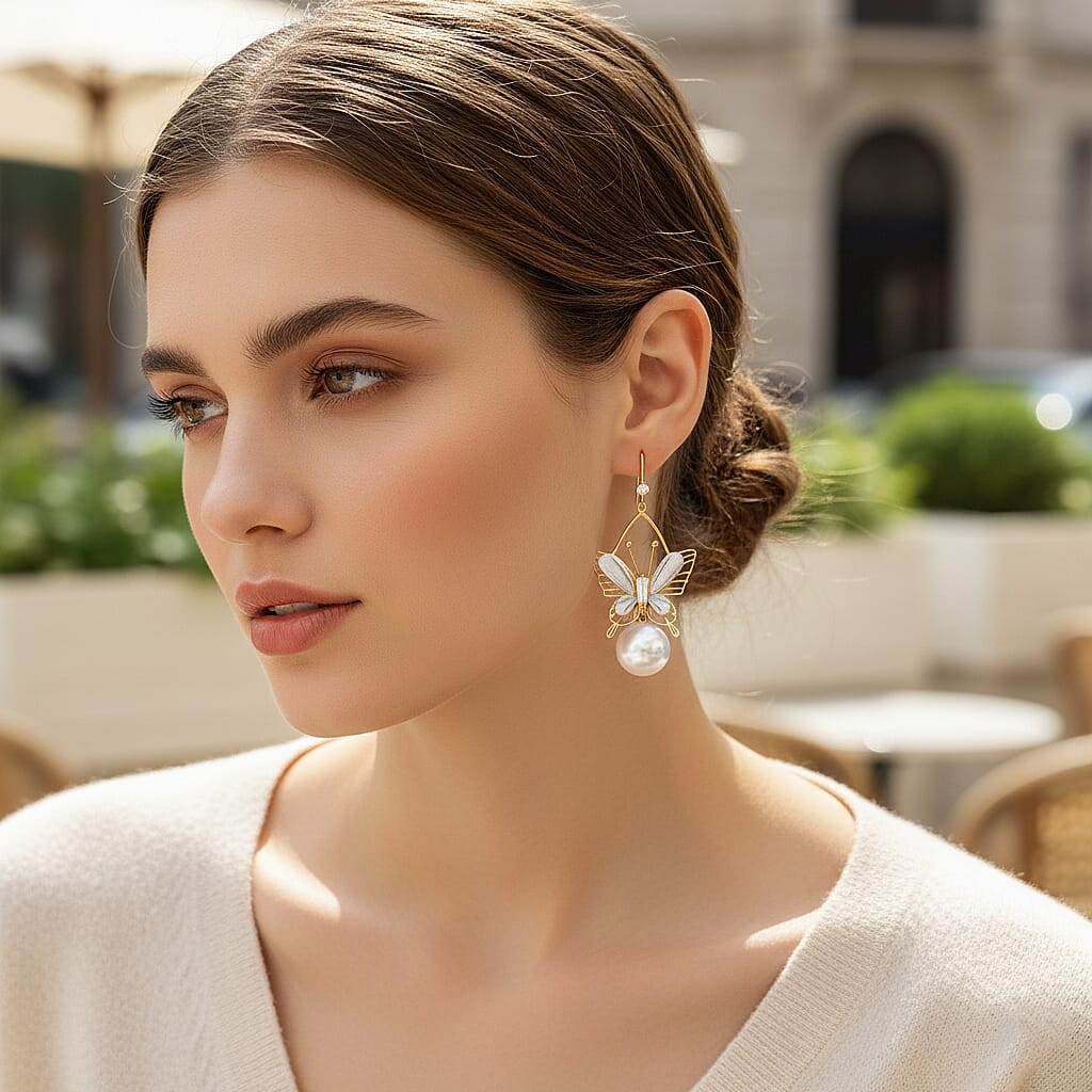 White Cubic Zirconia &amp; White Shell Pearl Dangling Earring with Hook in Yellow Gold Plated 8254459 3