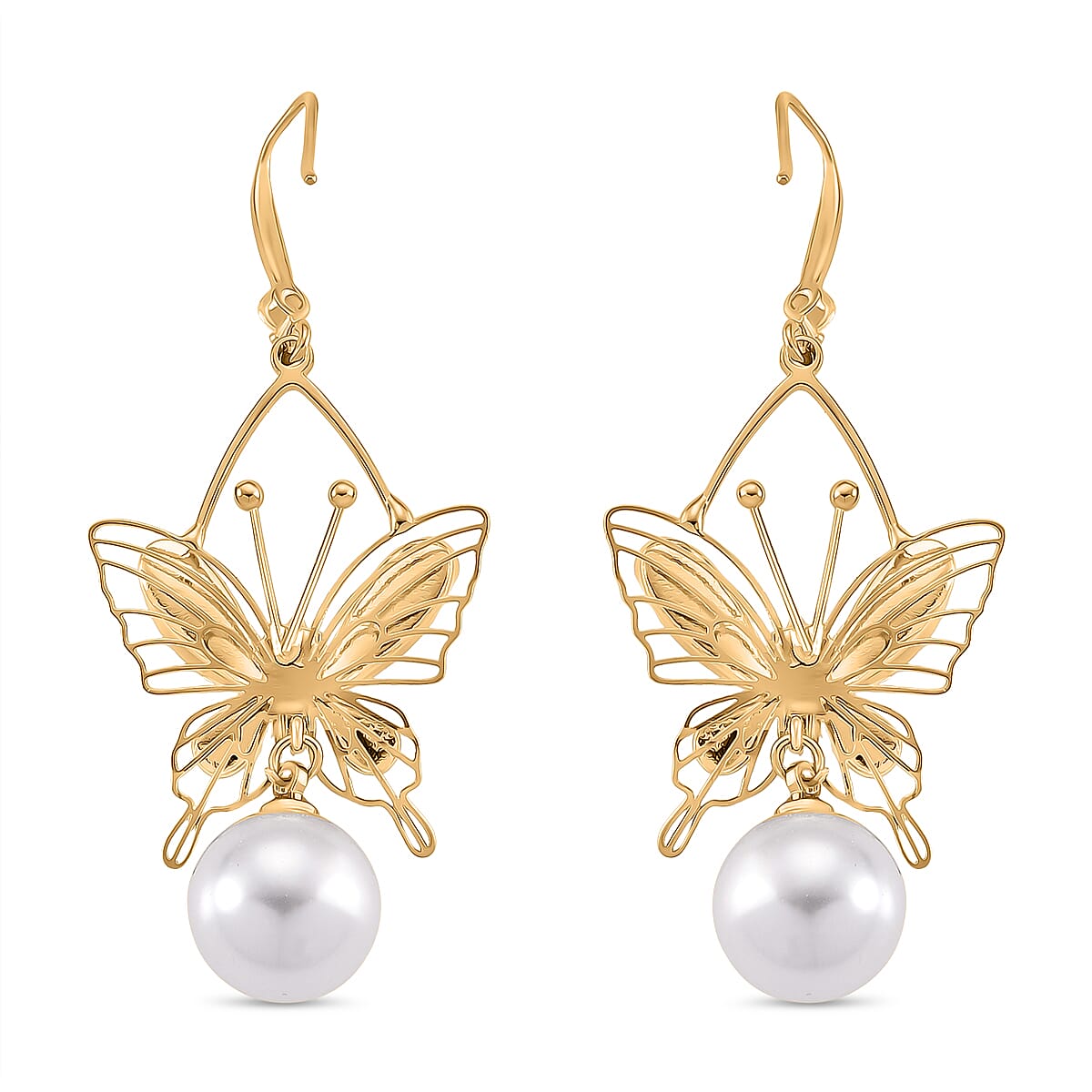 White Cubic Zirconia &amp; White Shell Pearl Dangling Earring with Hook in Yellow Gold Plated 8254459 4