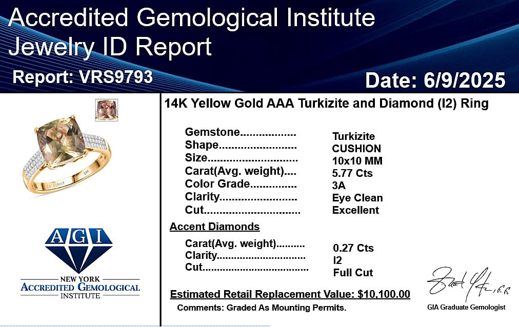 Certified &amp; Appraised LUXORO 14K Yellow Gold AAA Turkizite, White Diamond I2 Ring, 6.03 Ct. 8129280 6