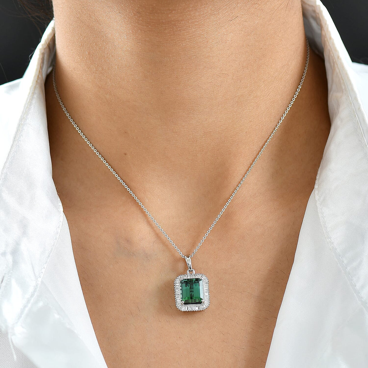 RHAPSODY 5 Ct. AAAA Lagoon Tourmaline, Natural Diamond Halo Pendant in 950 Platinum (VS-EF) 8329708 3