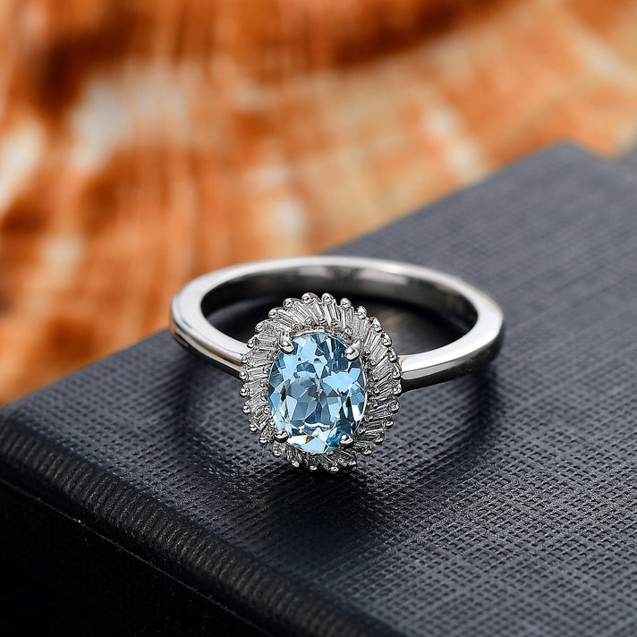 RHAPSODY 950 Platinum AAAA Santamaria Aquamarine, White Diamond Halo Ring, 1.15 Ct. 8065170 2