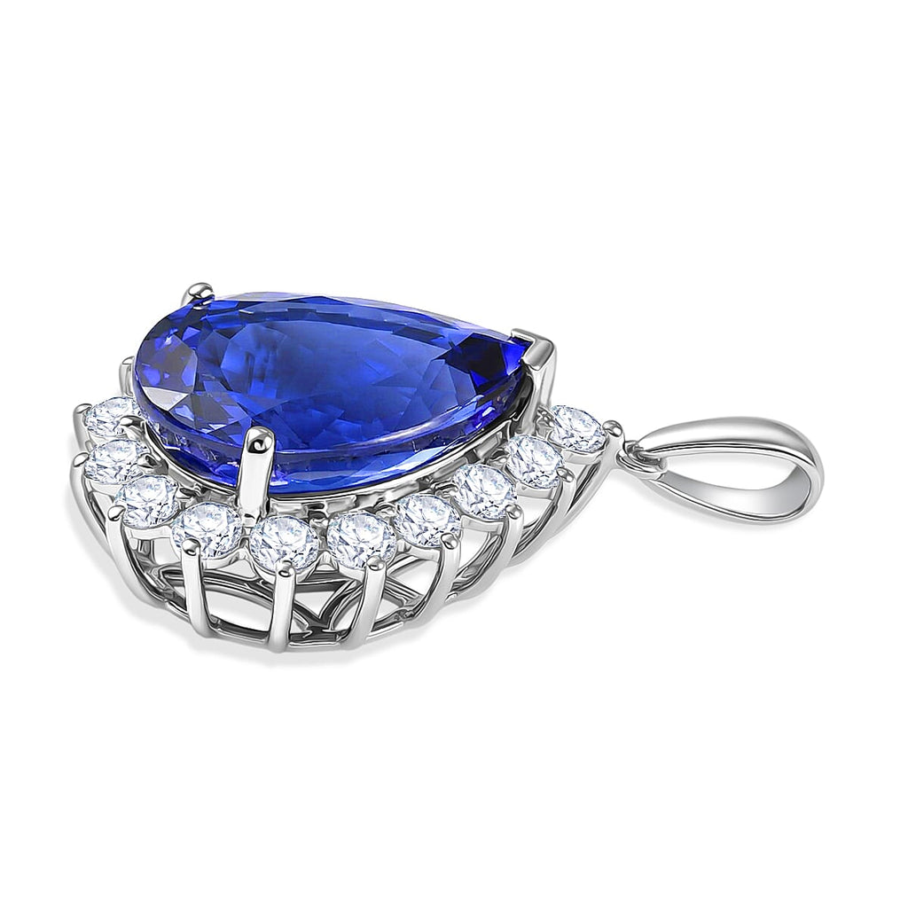 Rhapsody 950 Platinum AAAA Tanzanite & Natural Diamond (VS-EF) Pear Cut Halo Pendant 11.58  Ct, Platinum Wt. 5.60 Gms.