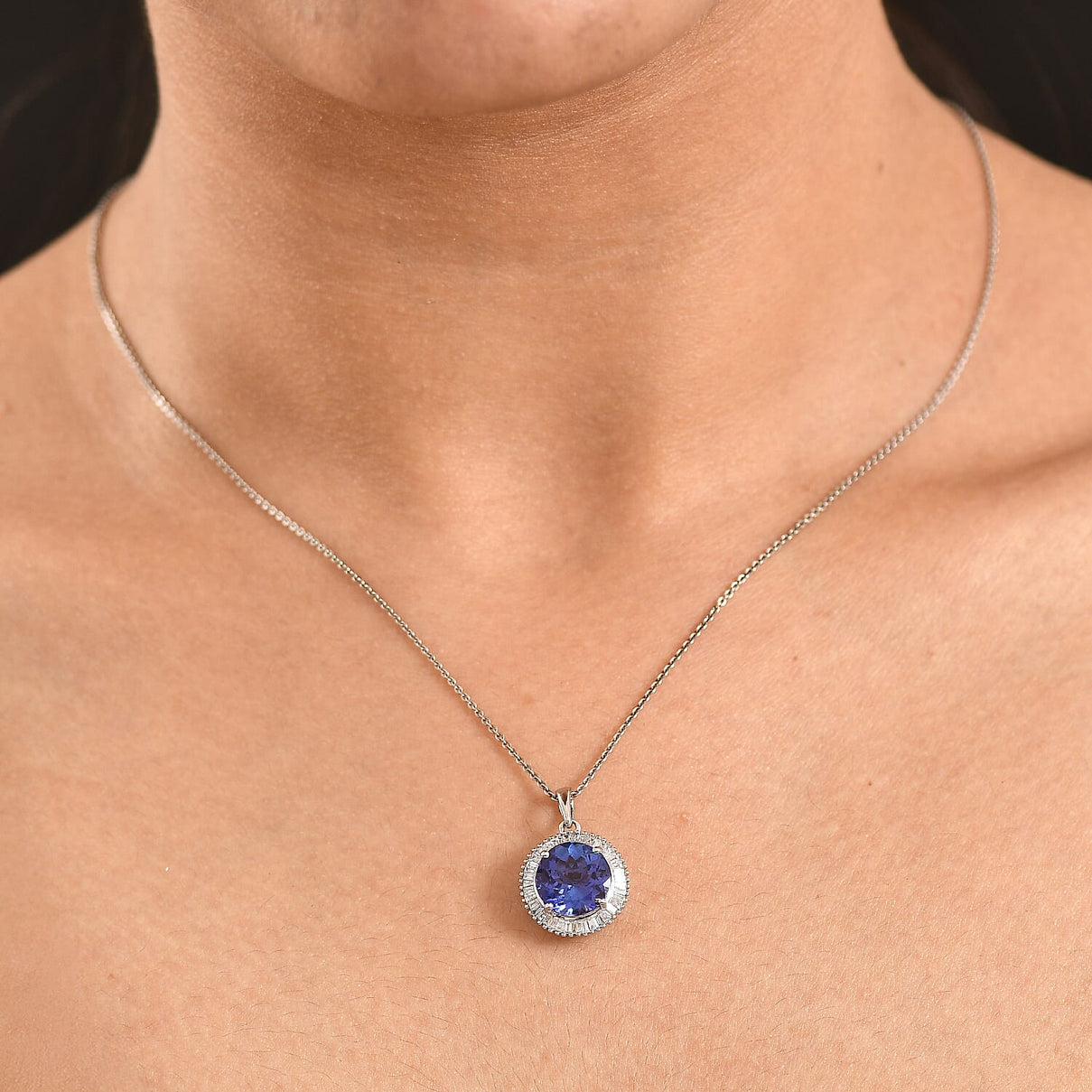 RHAPSODY 950 Platinum AAAA Tanzanite and Natural Diamond (VS-EF) Round Cut Halo Pendant 3.504 Ct. Platinum Wt. 2.84 Gms 8508234 2
