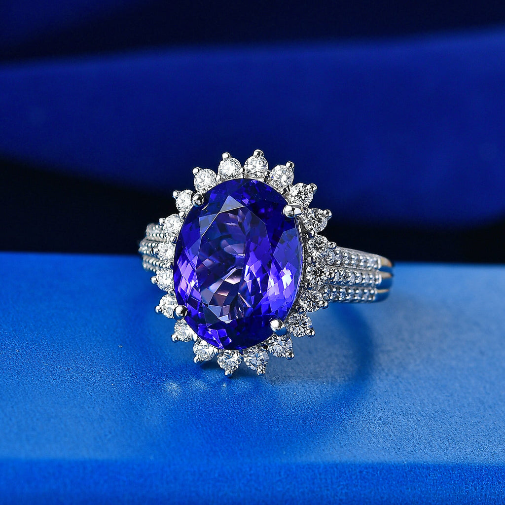 The Heirloom Collection - Rhapsody 950 Platinum AAAA Tanzanite (7.62 Ct) with Natural Earth Mined VS-E-F White Diamonds (0.85 Ct) Halo Ring 8.47 Ct, Platinum Wt. 7.95 Gms
