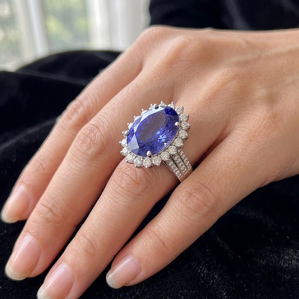 The Heirloom Collection - Rhapsody AAAA Tanzanite (7.62 Ct) with Natural Earth Mined VS-E-F White Diamonds (0.85 Ct) Halo Ring in 950 Platinum 8.47 Ct. 8550672 3