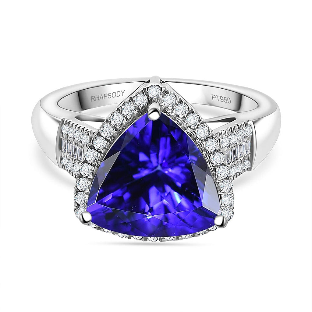 RHAPSODY 950 Platinum AAAA Tanzanite & Diamond (VS-E-F) Trillion Ring 5.63 Ct