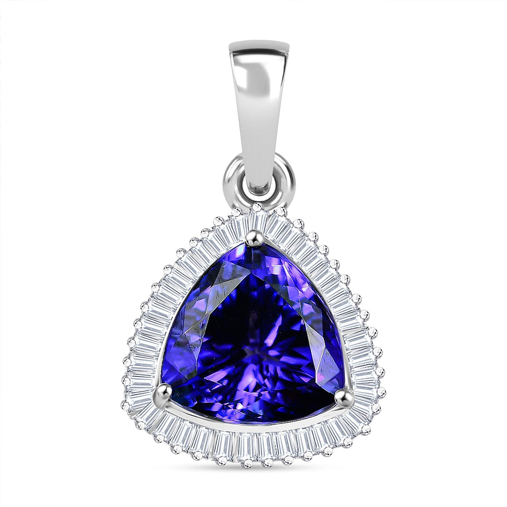 RHAPSODY 950 Platinum AAAA Trillion (4.00 Cts) Tanzanite & Natural Diamond (VS-E-F) Halo Pendant 4.47 Ct.