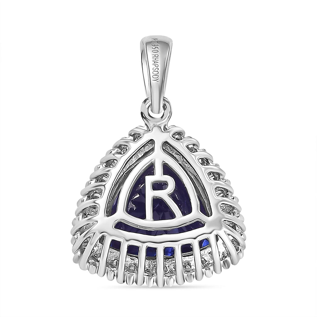 RHAPSODY 950 Platinum AAAA Trillion (4.00 Cts) Tanzanite & Natural Diamond (VS-E-F) Halo Pendant 4.47 Ct.