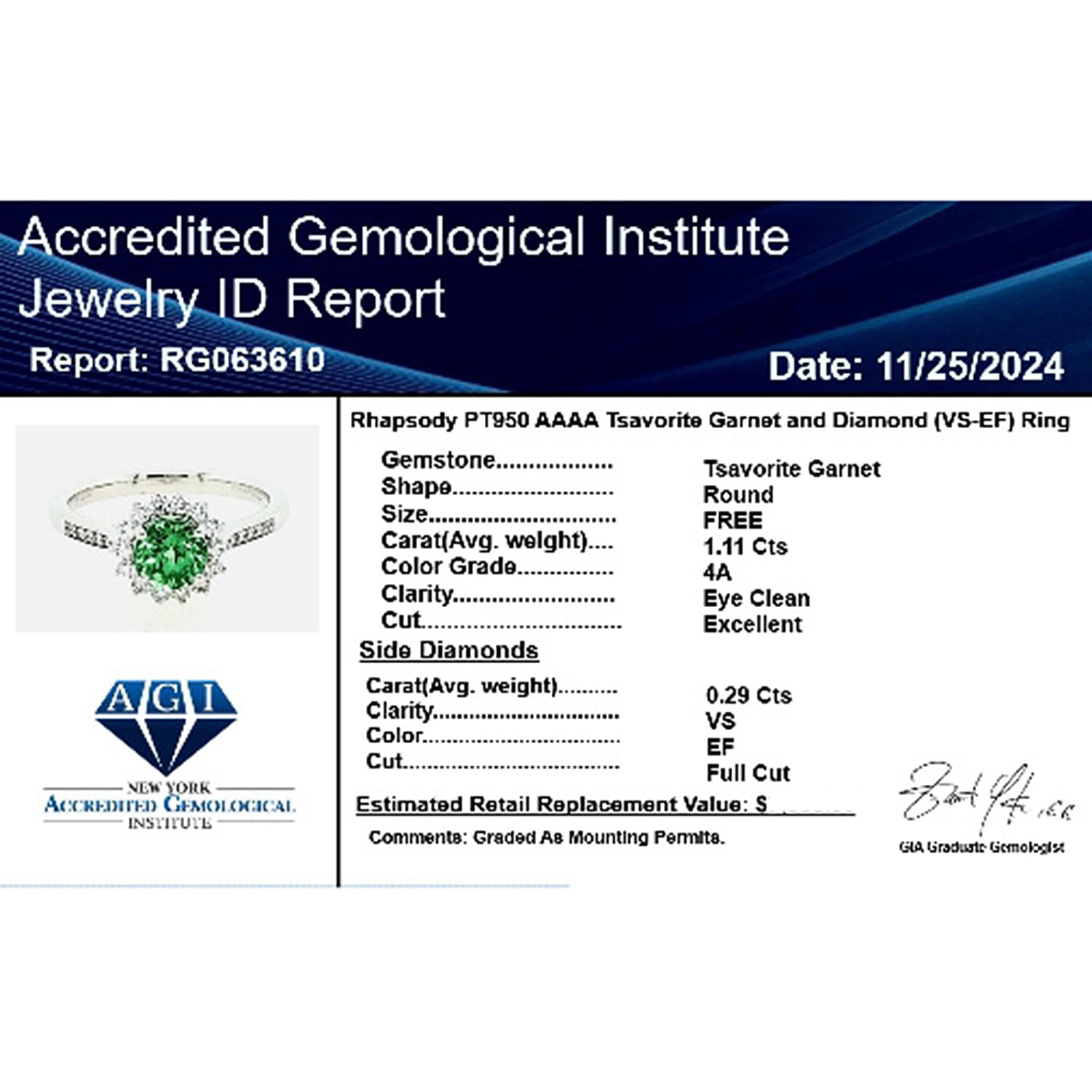 Certified &amp; Appraised RHAPSODY AAAA Tsavorite Garnet, Diamond Halo Ring in 950 Platinum (E-F VS) 1.40 Ct. 8017086 0